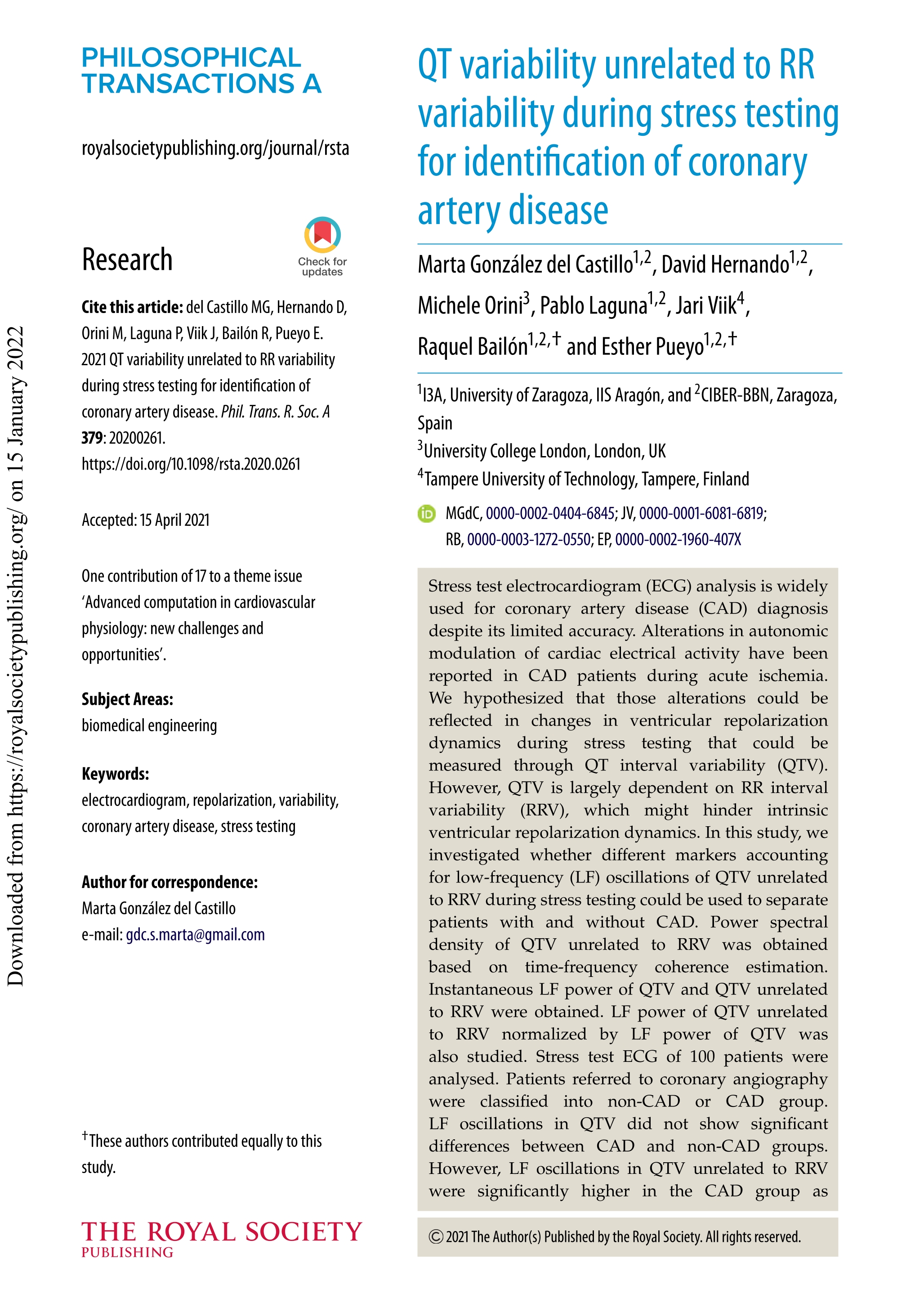 QT variability unrelated to RR variability during stress testing for identification of coronary artery disease