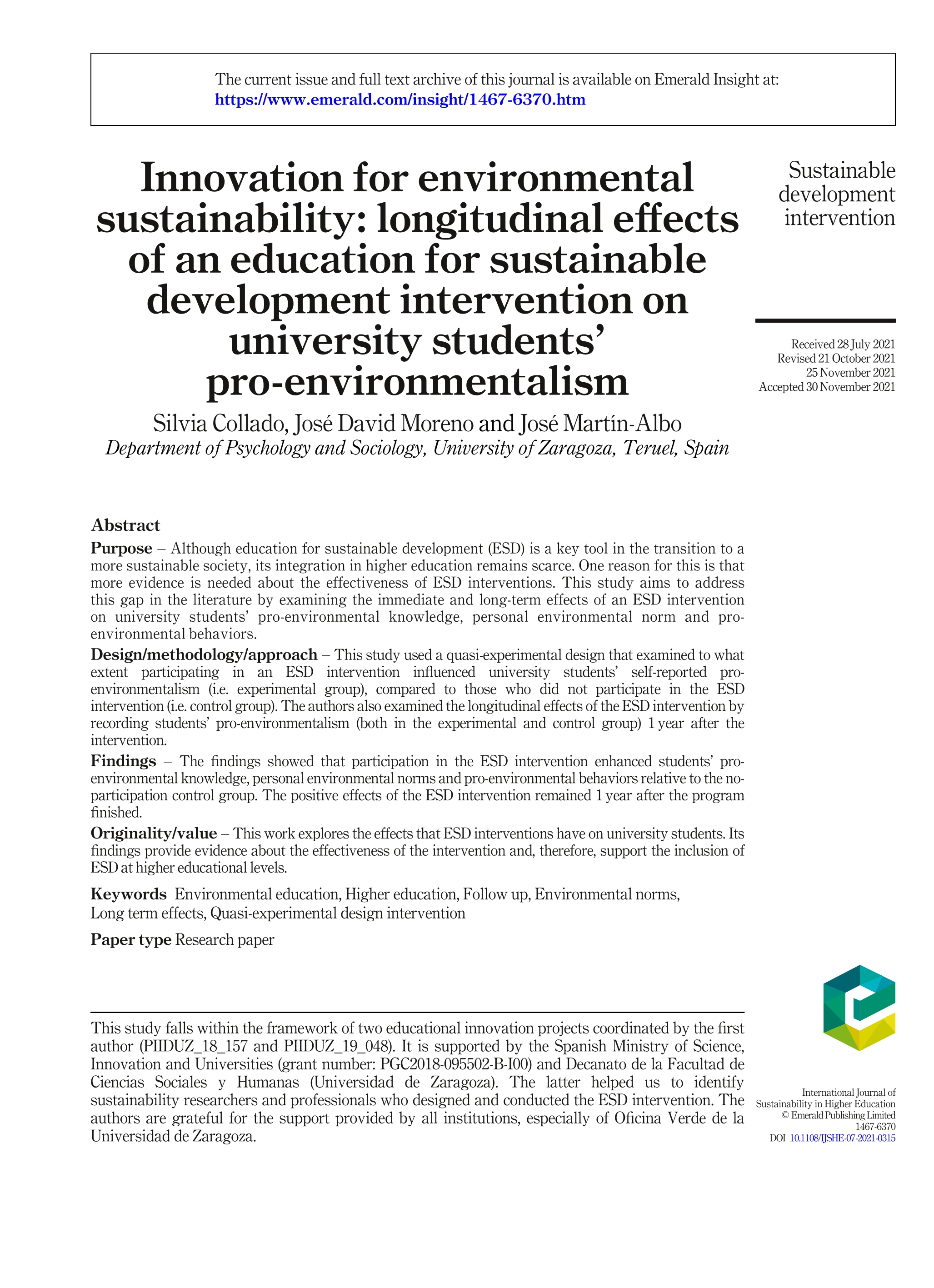 Innovation for environmental sustainability: longitudinal effects of an education for sustainable development intervention on university students’ pro-environmentalism