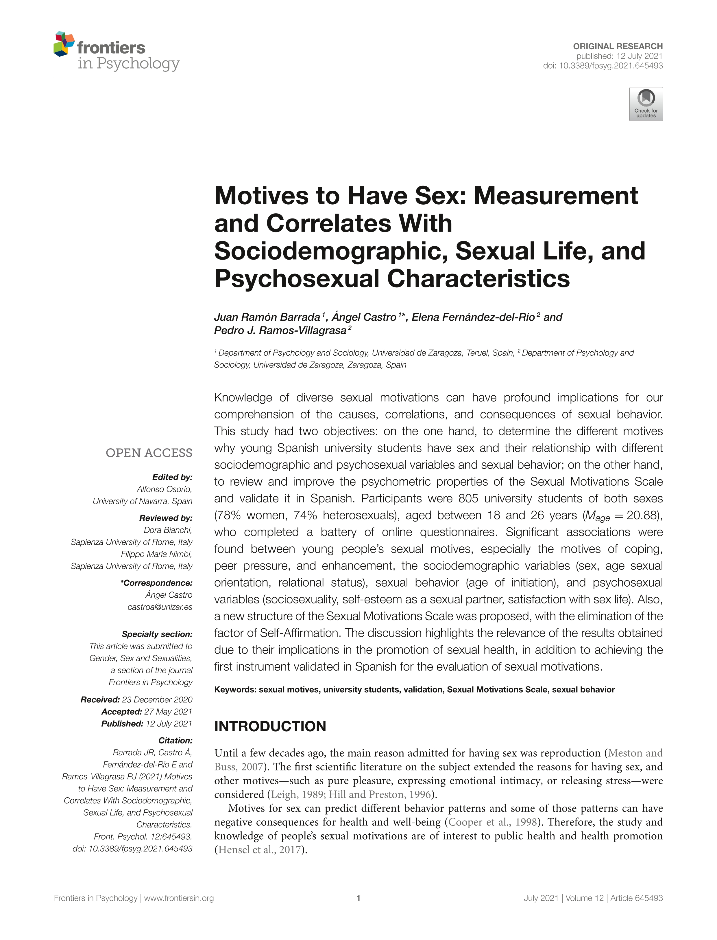 Motives to Have Sex: Measurement and Correlates With Sociodemographic, Sexual Life, and Psychosexual Characteristics