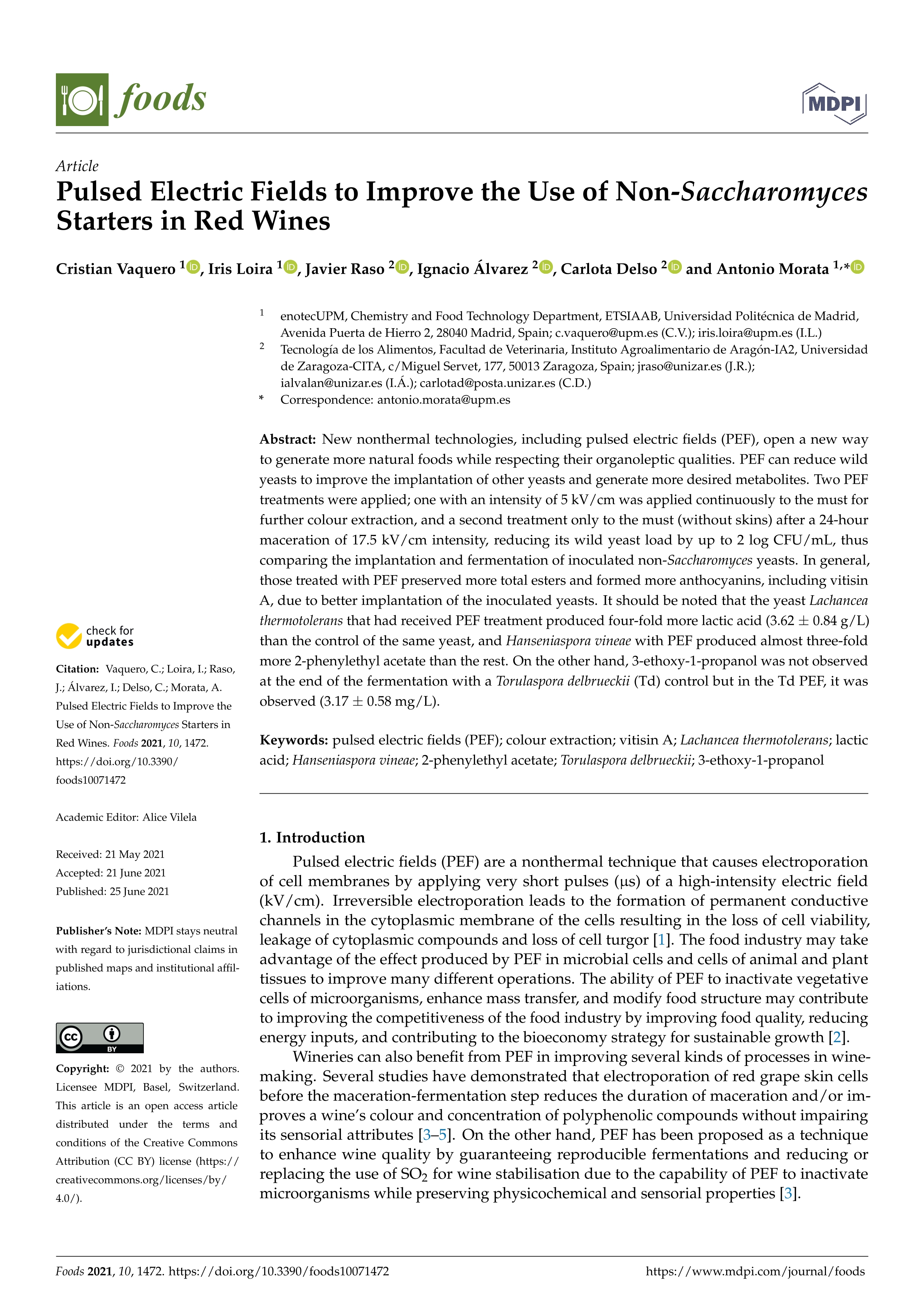 Pulsed electric fields to improve the use of non-saccharomyces starters in red wines