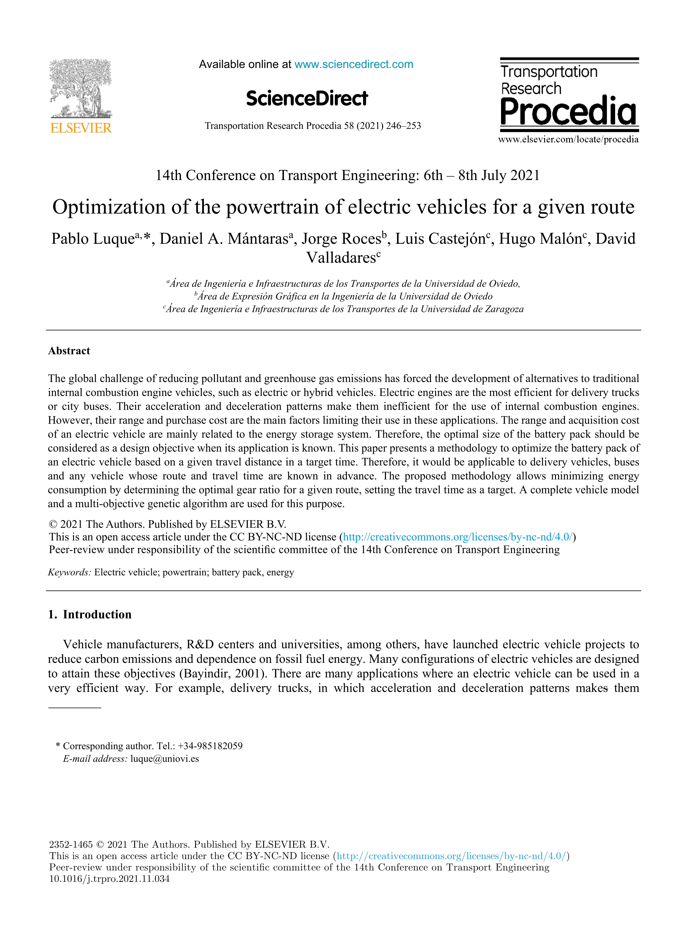 Optimization of the powertrain of electric vehicles for a given route