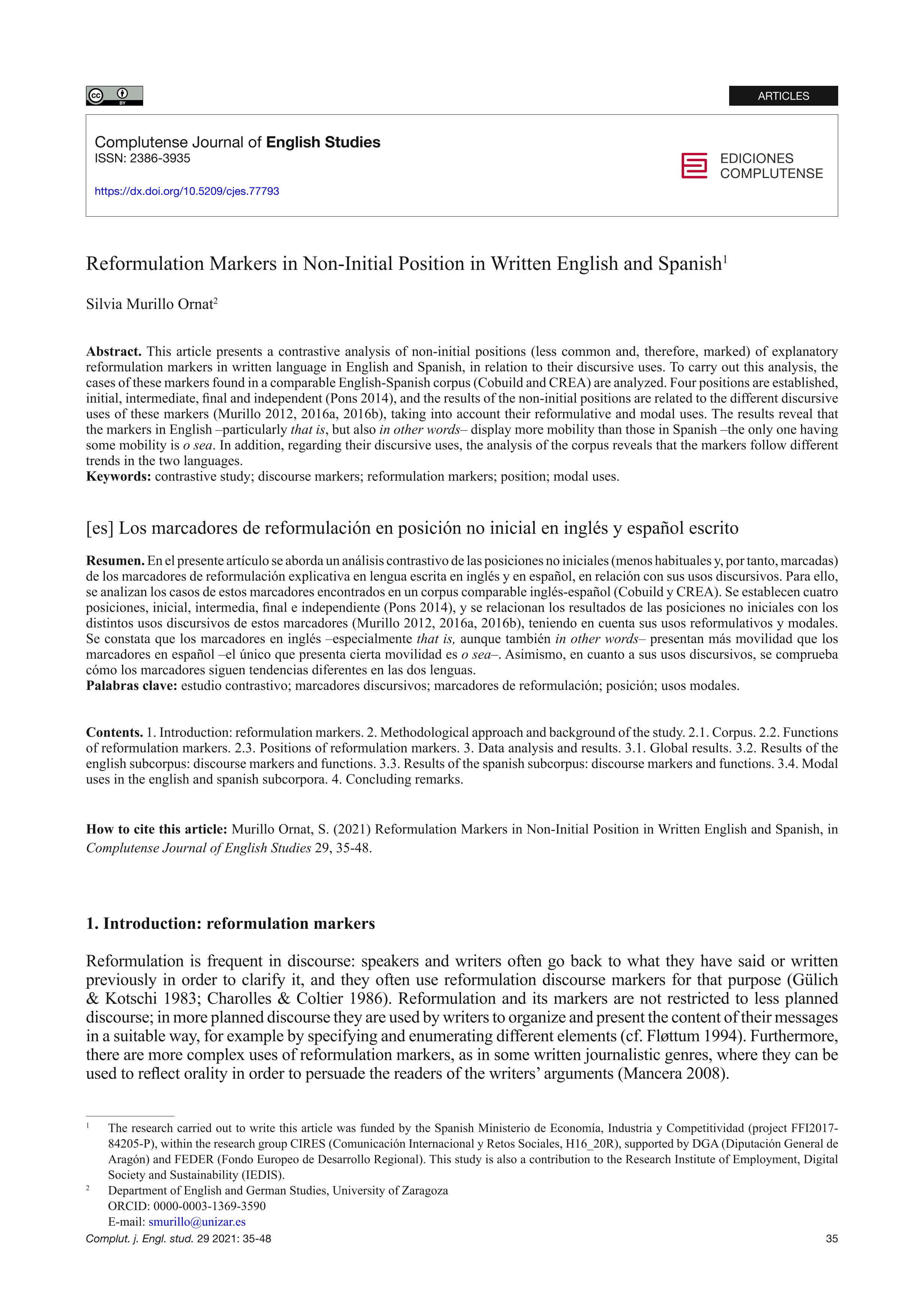 Reformulation Markers in Non-initial Position in Written English and Spanish