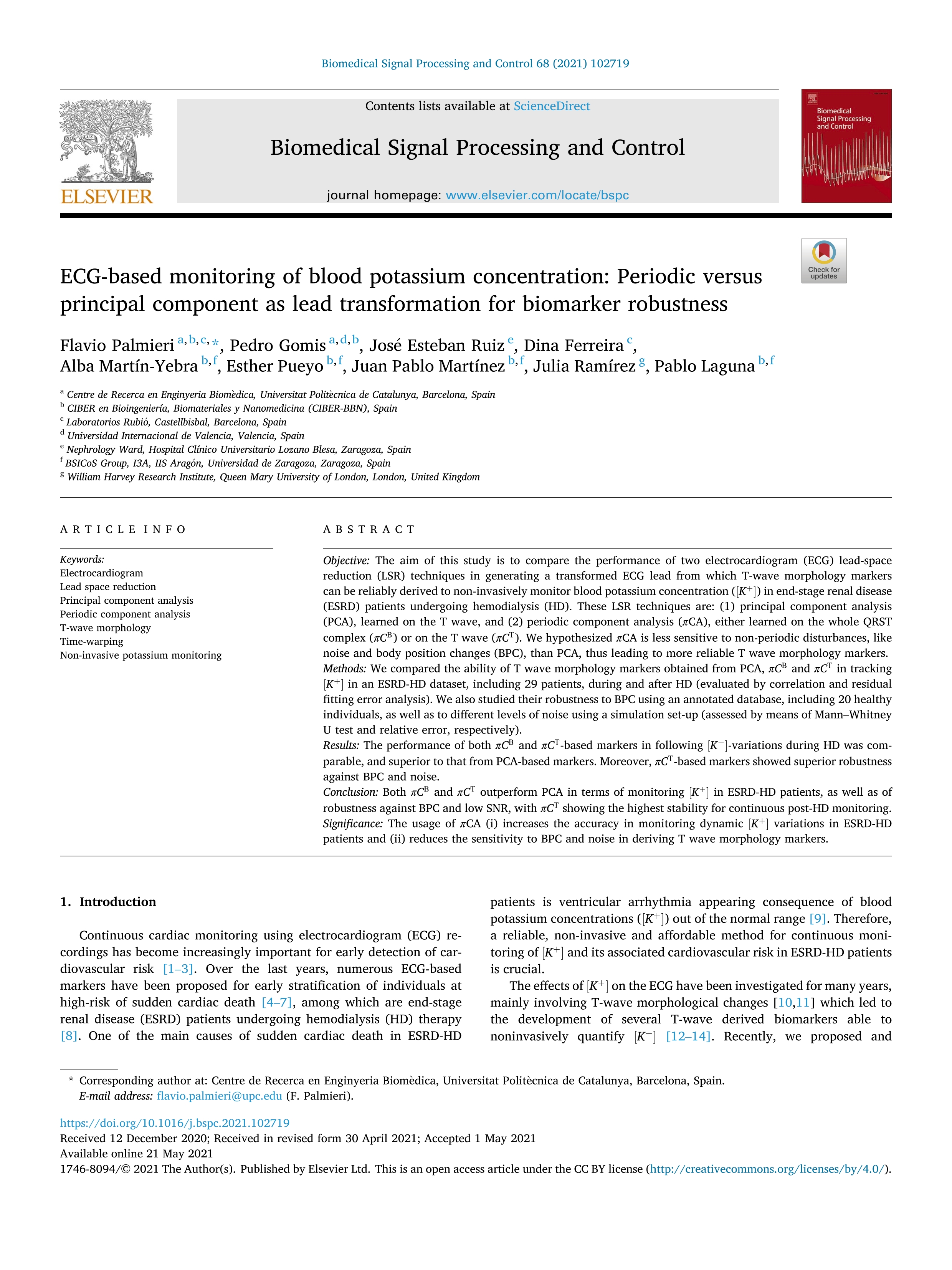 ECG-based monitoring of blood potassium concentration: Periodic versus principal component as lead transformation for biomarker robustness