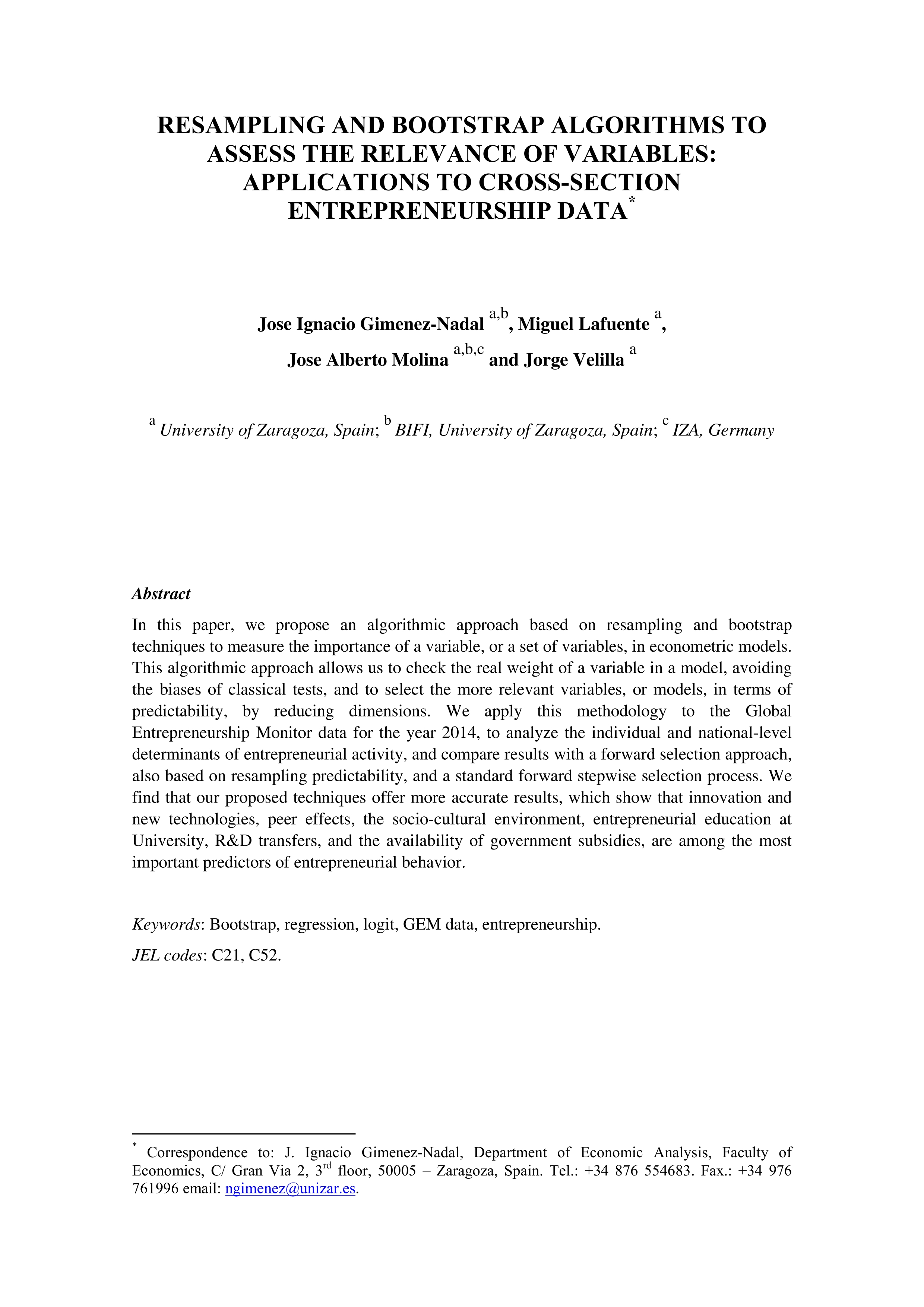 Resampling and bootstrap algorithms to assess the relevance of variables: applications to cross-section entrepreneurship data