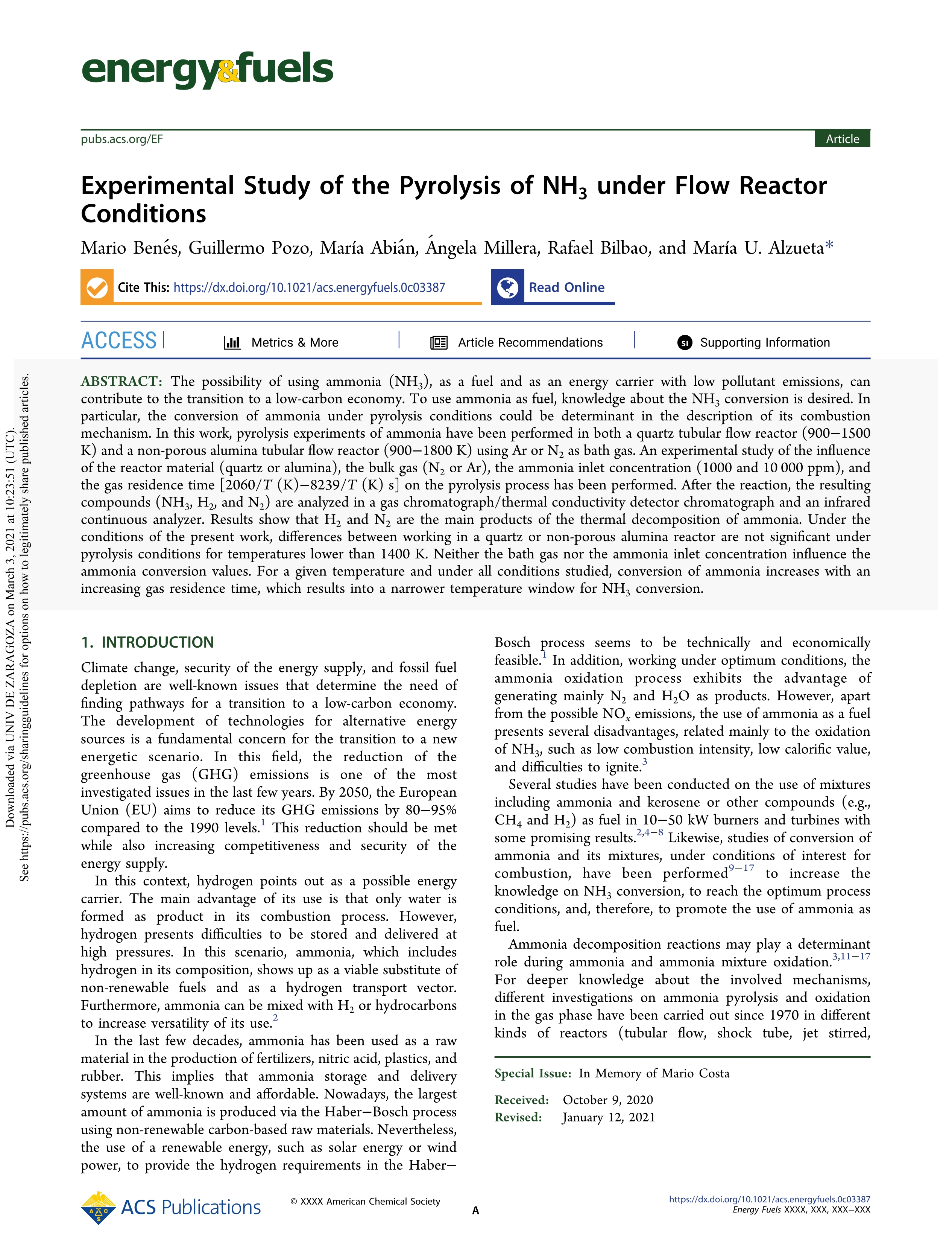 Experimental Study of the Pyrolysis of NH3under Flow Reactor Conditions