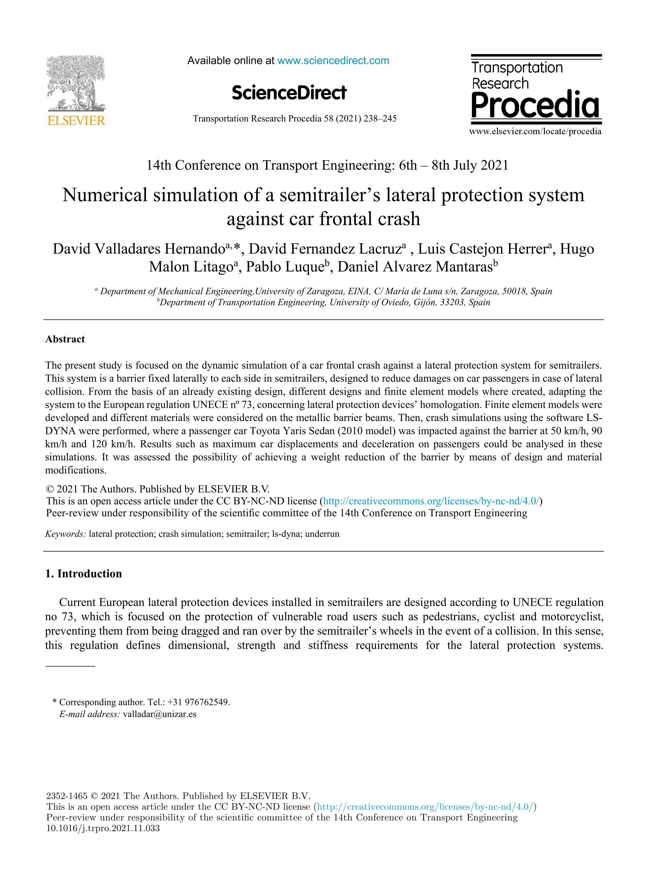 Numerical simulation of a semitrailer’s lateral protection system against car frontal crash