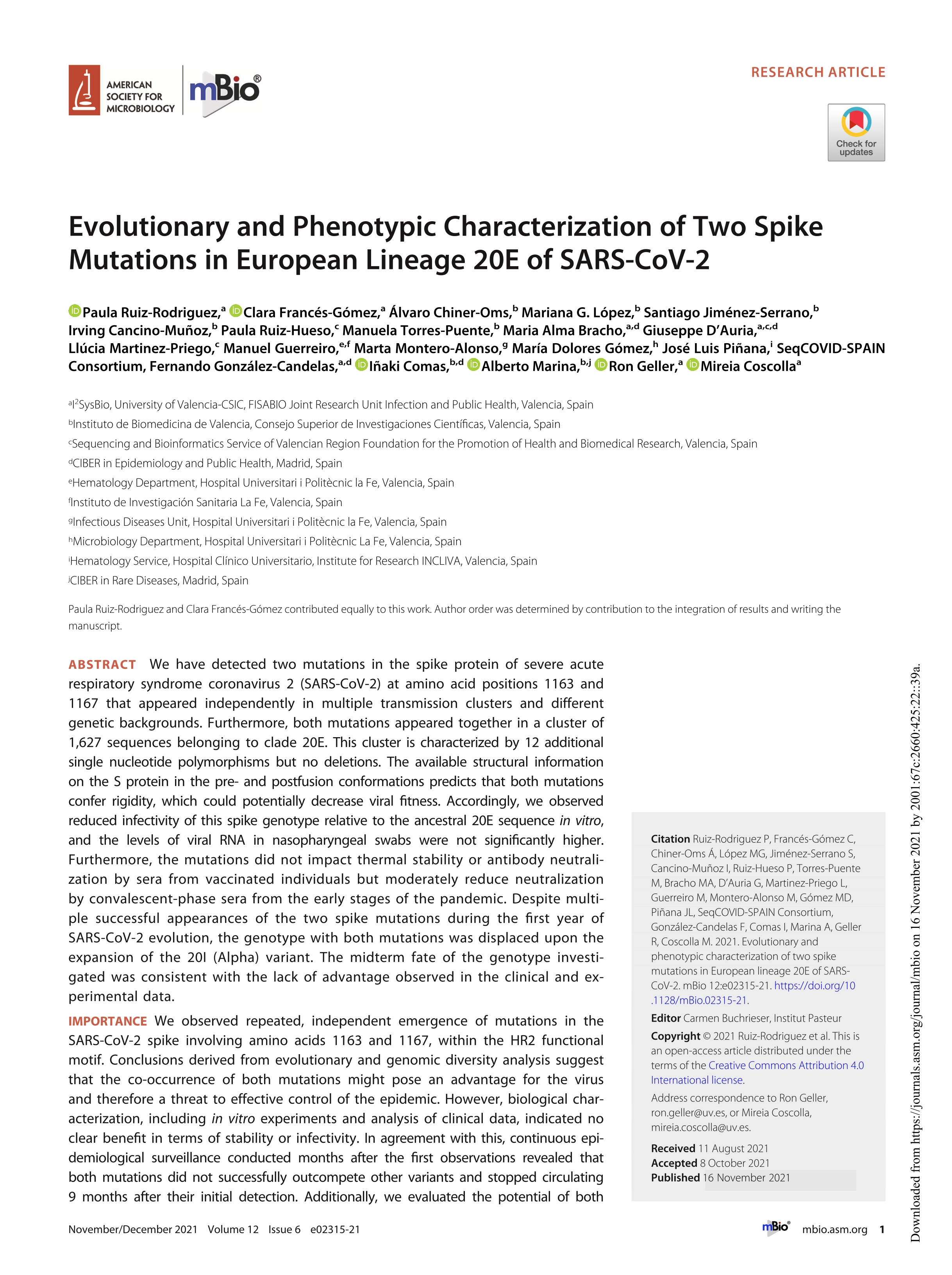 Evolutionary and phenotypic characterization of two spike mutations in European lineage 20E of SARS-CoV-2.