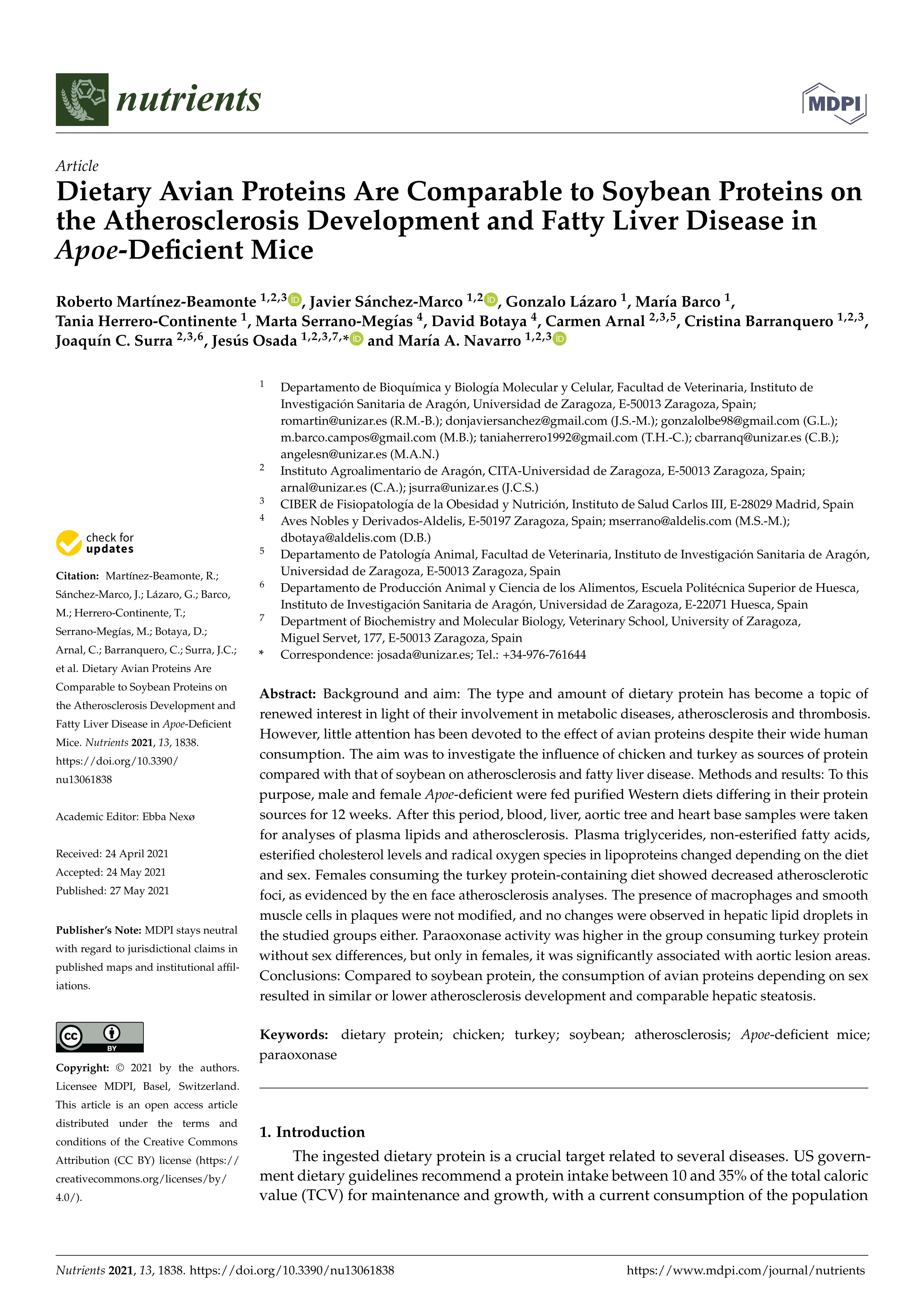 Dietary avian proteins are comparable to soybean proteins on the atherosclerosis development and fatty liver disease in apoe-deficient mice