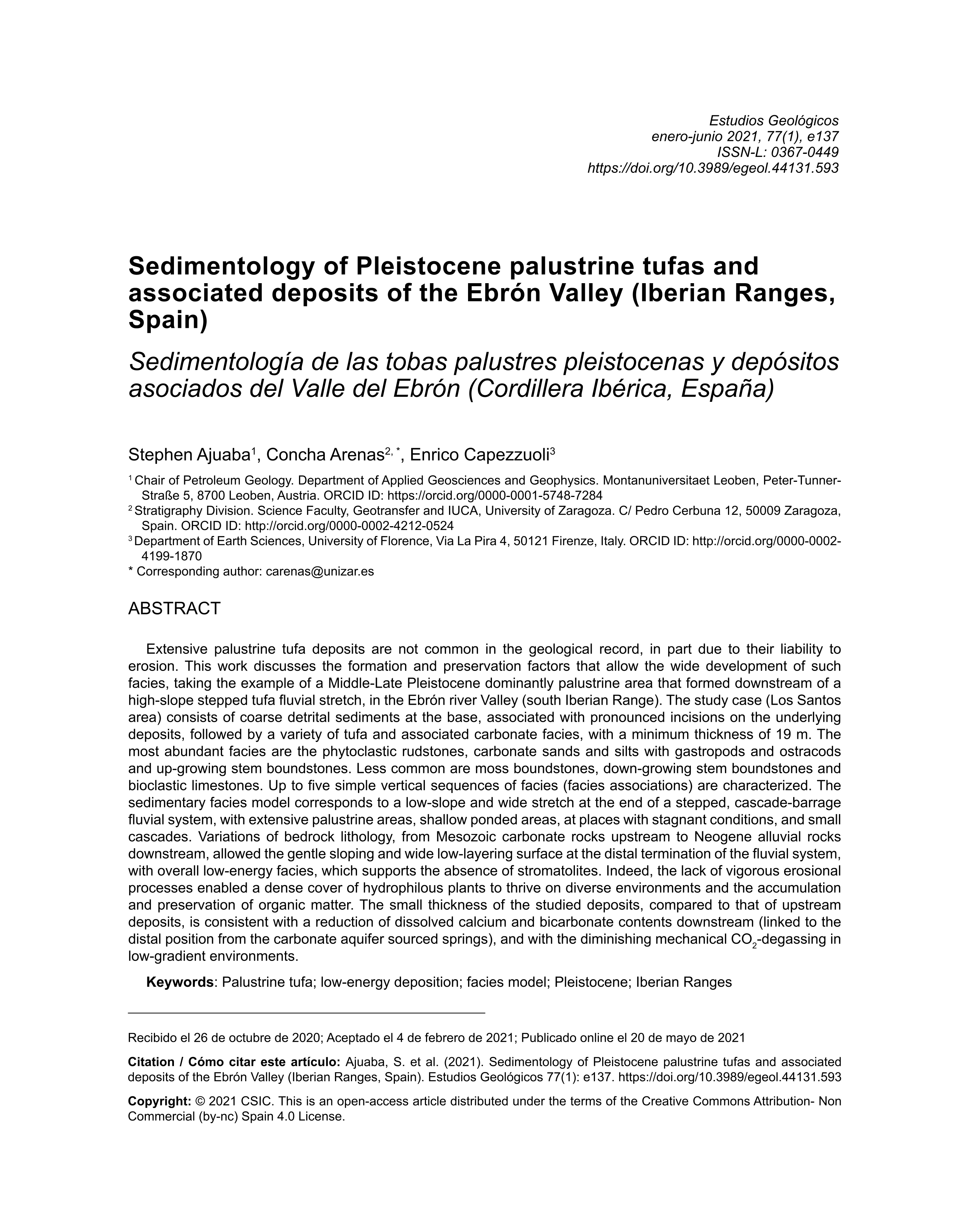 Sedimentology of Pleistocene palustrine tufas and associated deposits of the Ebron Valley (Iberian Ranges, Spain)