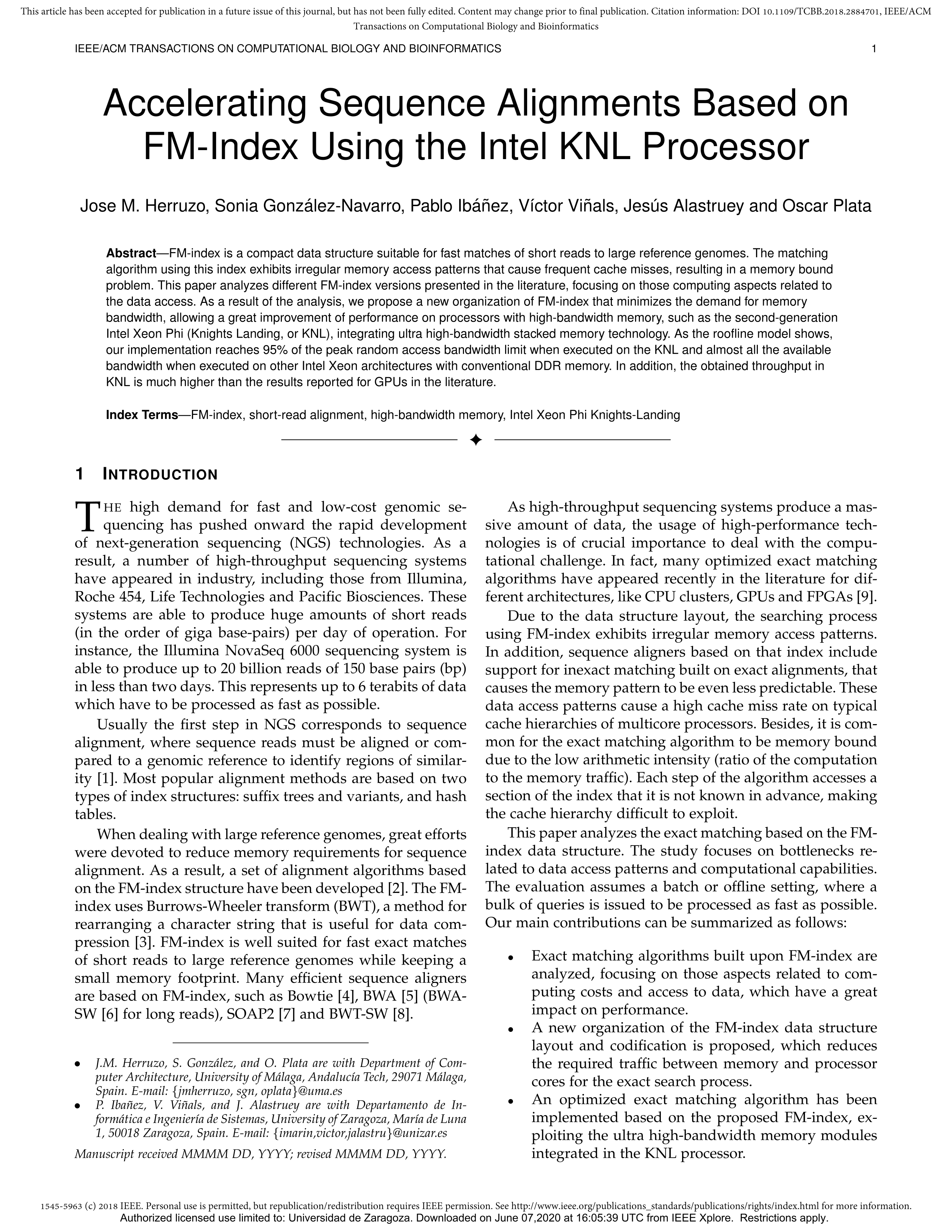 Accelerating Sequence Alignments Based on FM-Index Using the Intel KNL Processor
