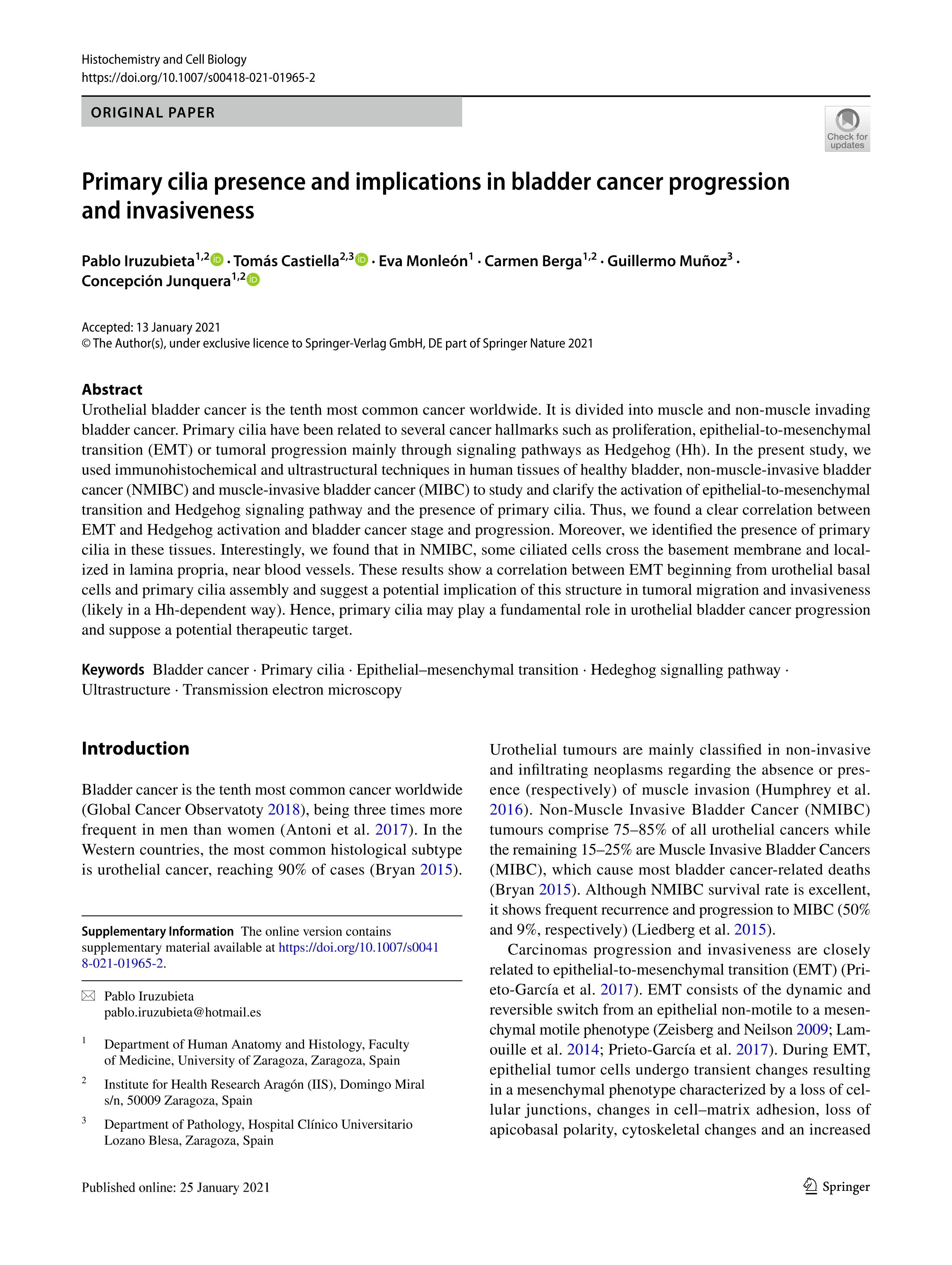 Primary cilia presence and implications in bladder cancer progression and invasiveness