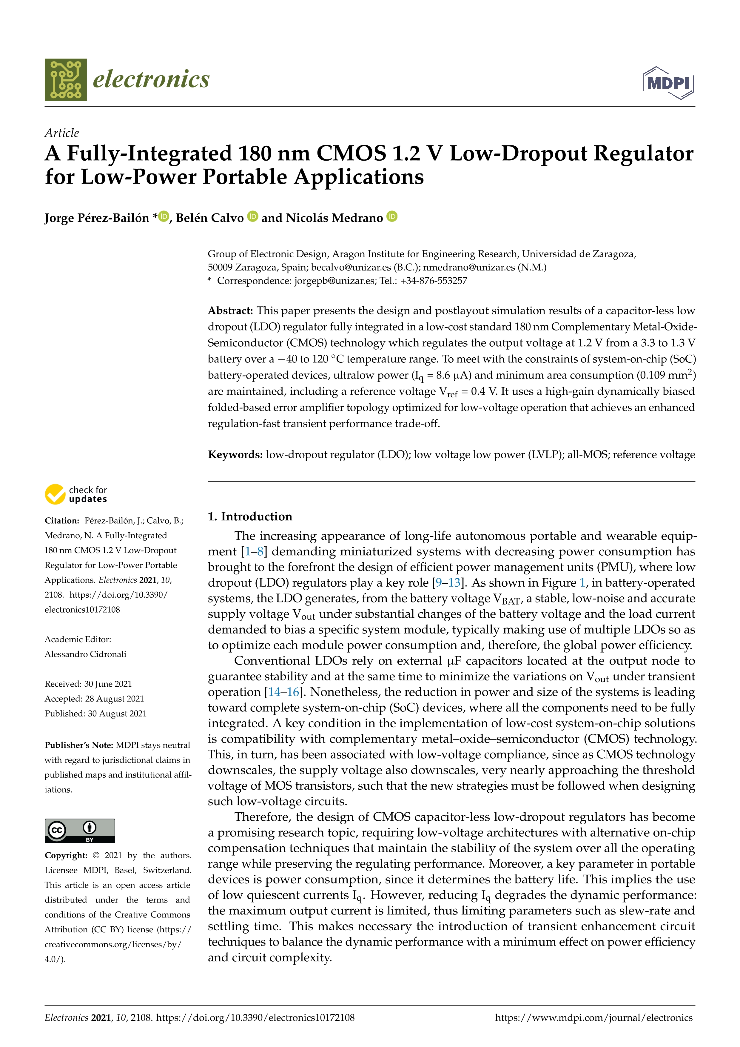 A fully-integrated 180 nm CMOS 1.2 V low-dropout regulator for low-power portable applications