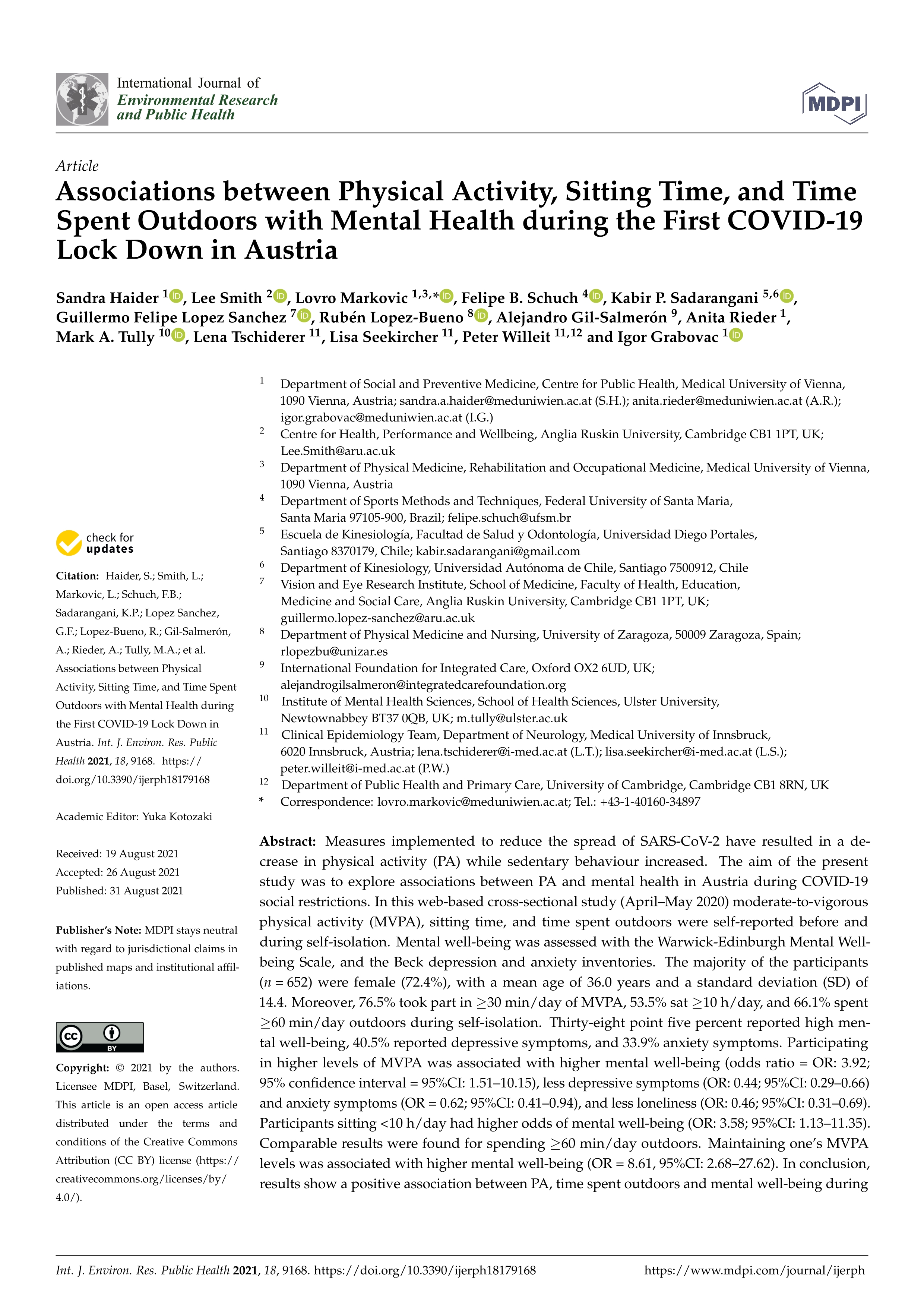Associations between physical activity, sitting time, and time spent outdoors with mental health during the First COVID-19 lock down in Austria