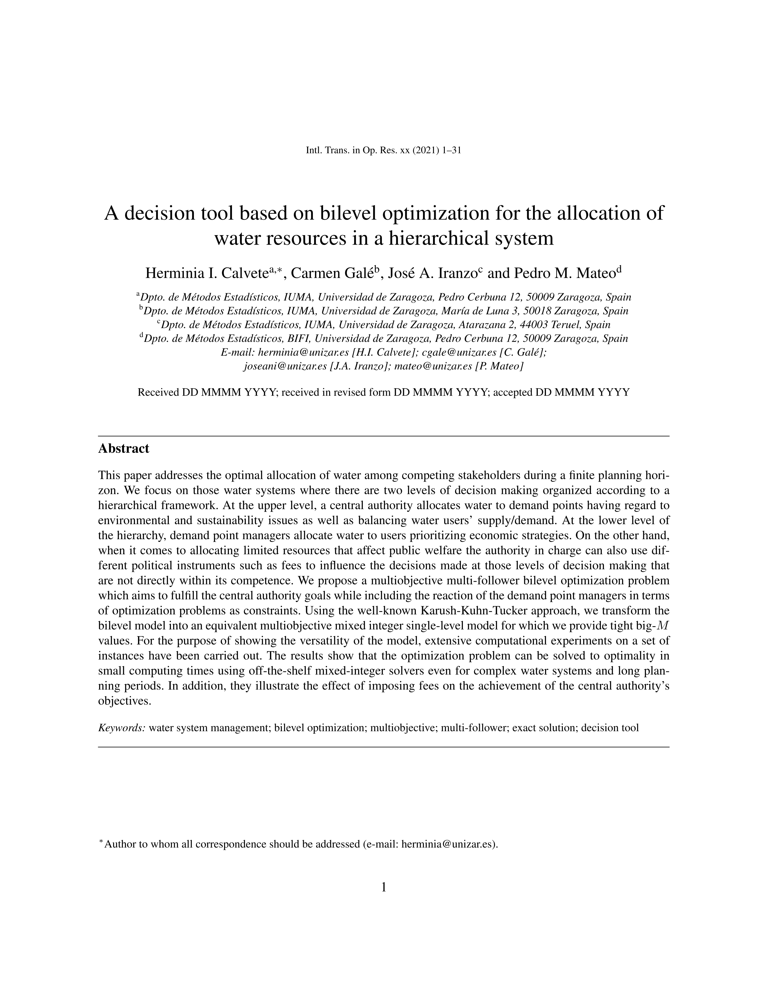 A decision tool based on bilevel optimization for the allocation of water resources in a hierarchical system
