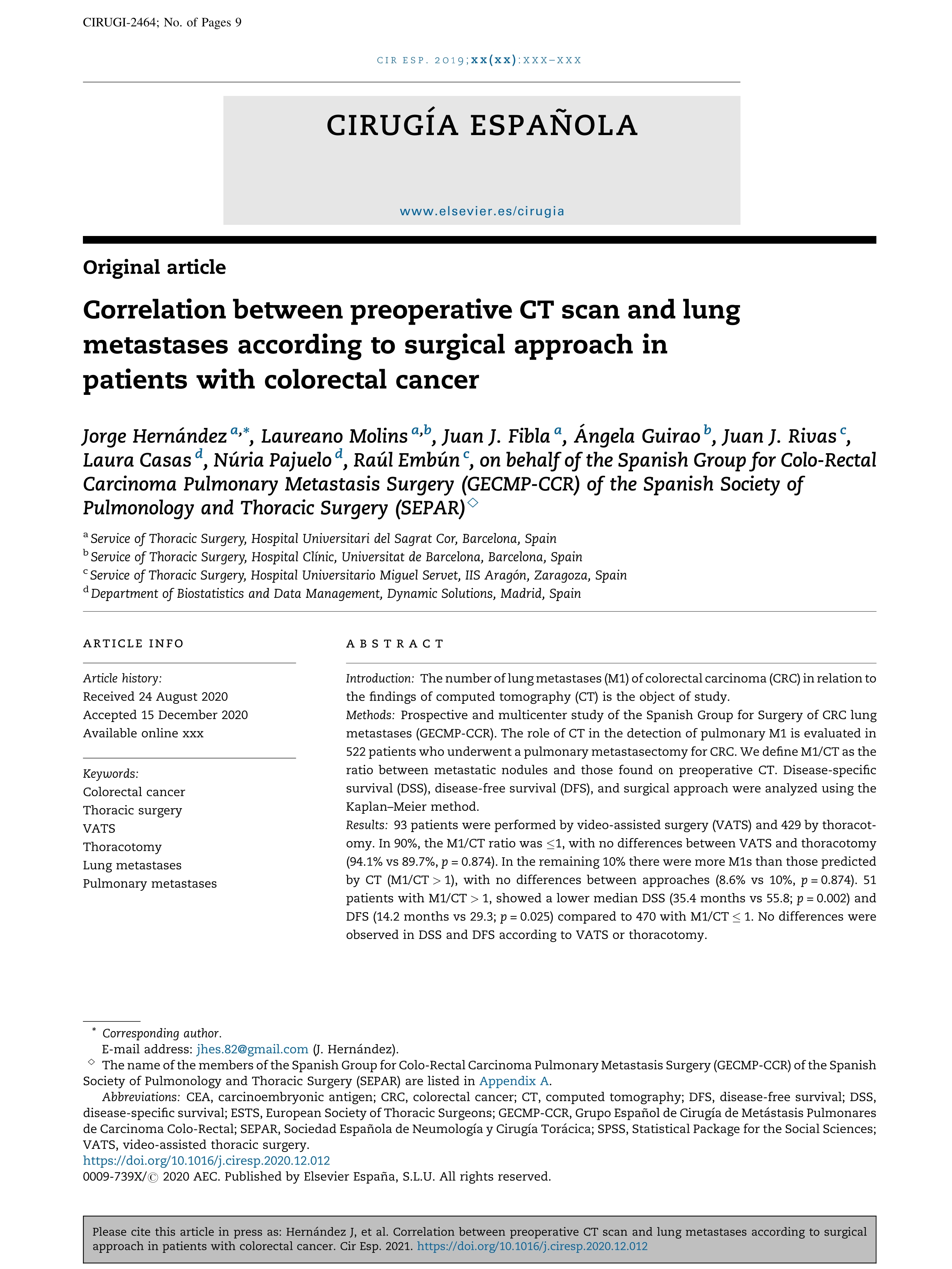 Correlation between preoperative CT scan and lung metastases according to surgical approach in patients with colorectal cancer