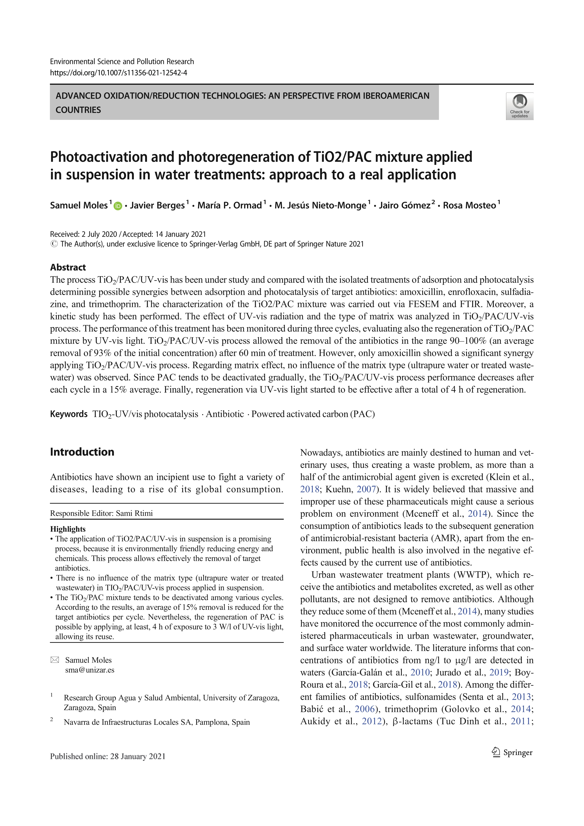 Photoactivation and photoregeneration of TiO2/PAC mixture applied in suspension in water treatments: approach to a real application