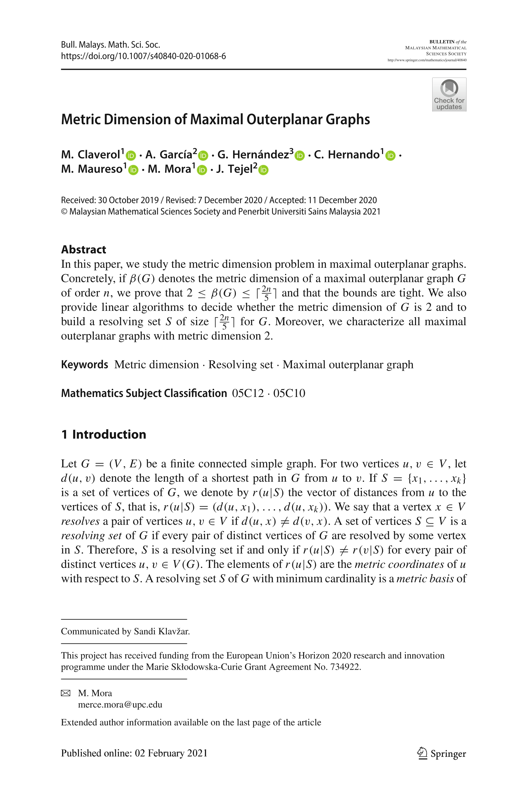 Metric Dimension of Maximal Outerplanar Graphs