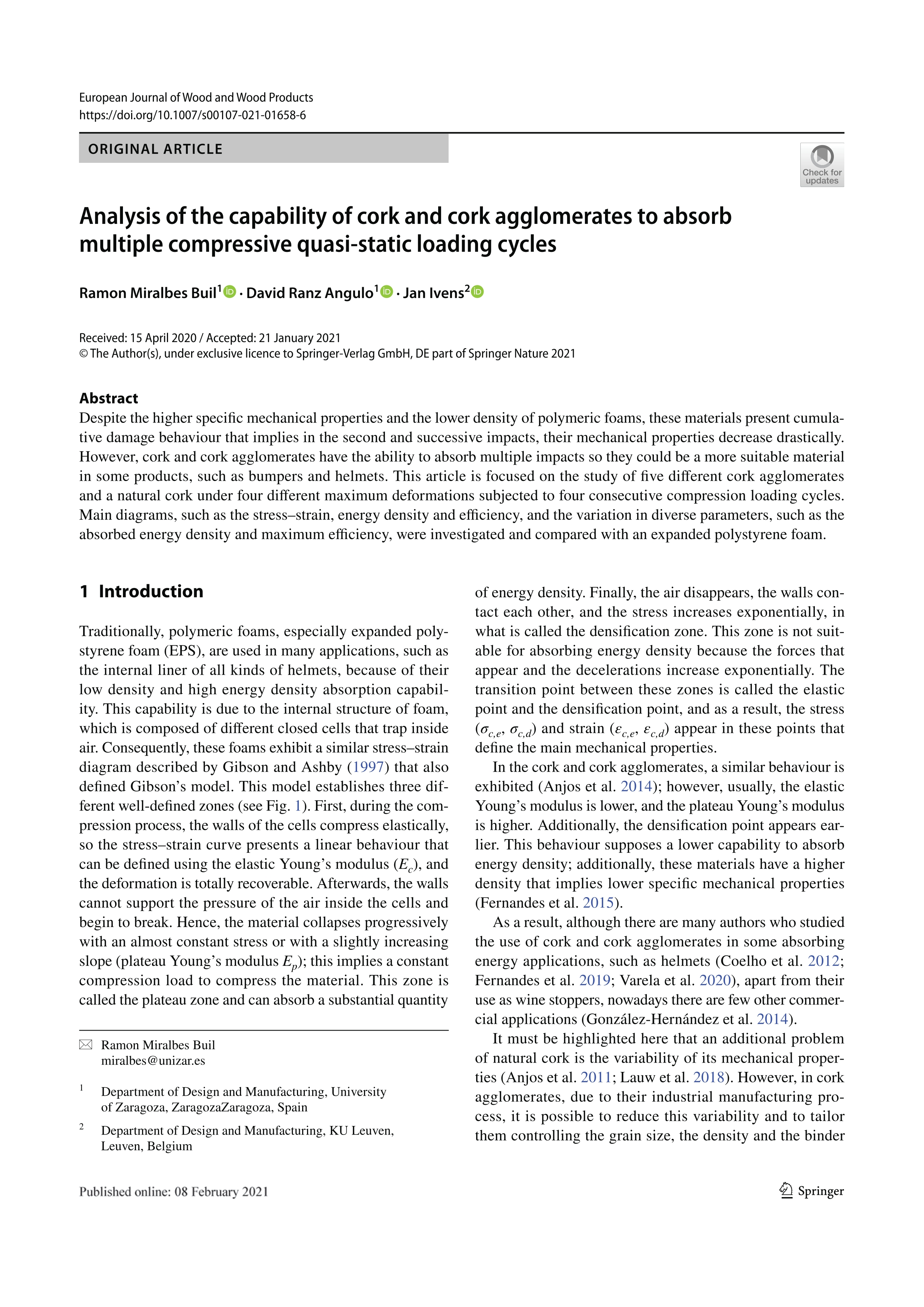 Analysis of the capability of cork and cork agglomerates to absorb multiple compressive quasi-static loading cycles