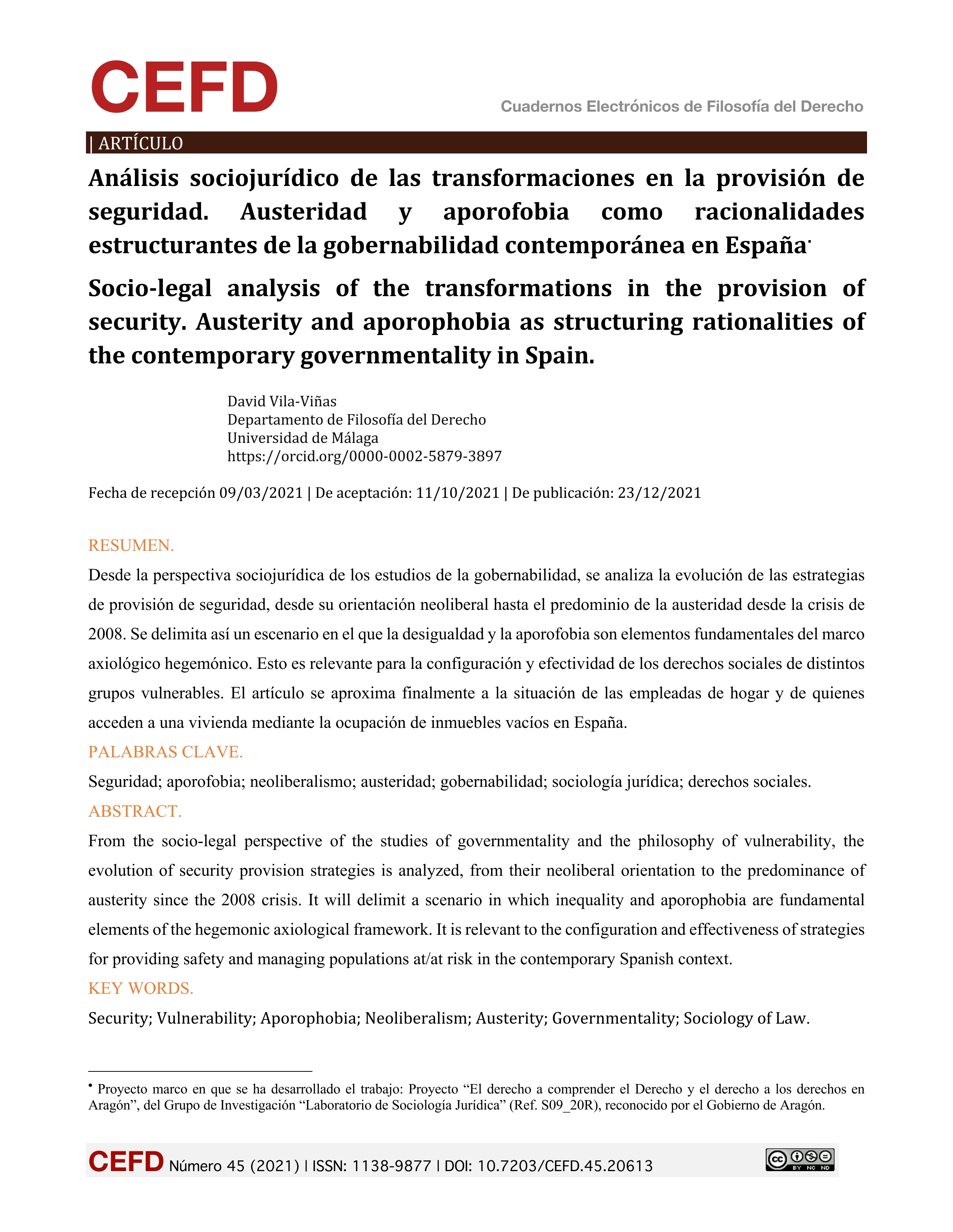 Análisis sociojurídico de las transformaciones en la provisión de seguridad. Austeridad y aporofobia como racionalidades estructurantes de la gobernabilidad contemporánea en España