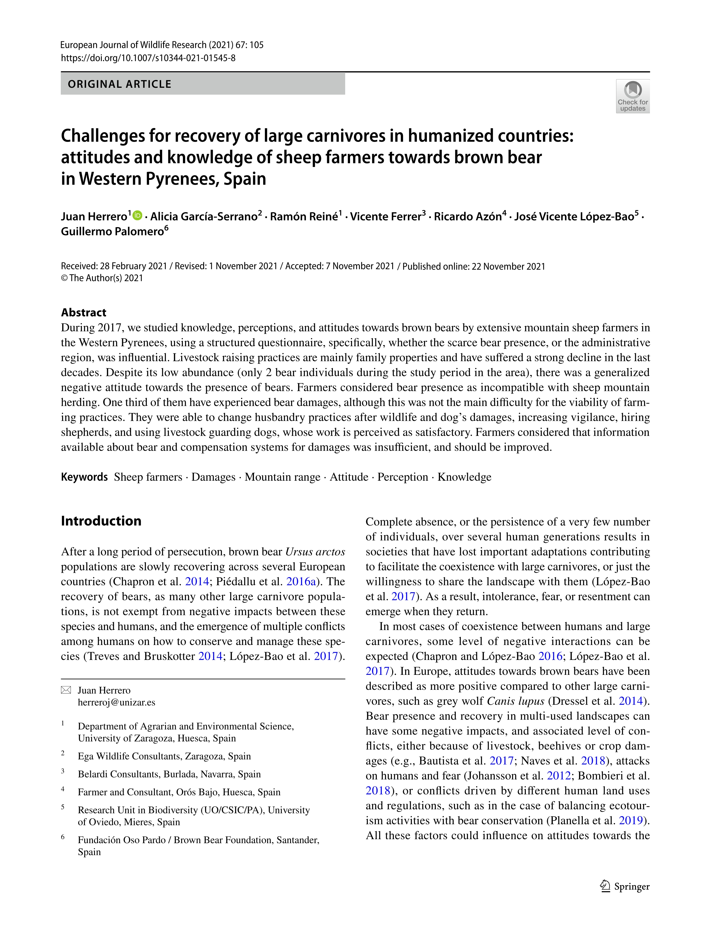 Challenges for recovery of large carnivores in humanized countries: attitudes and knowledge of sheep farmers towards brown bear in Western Pyrenees, Spain