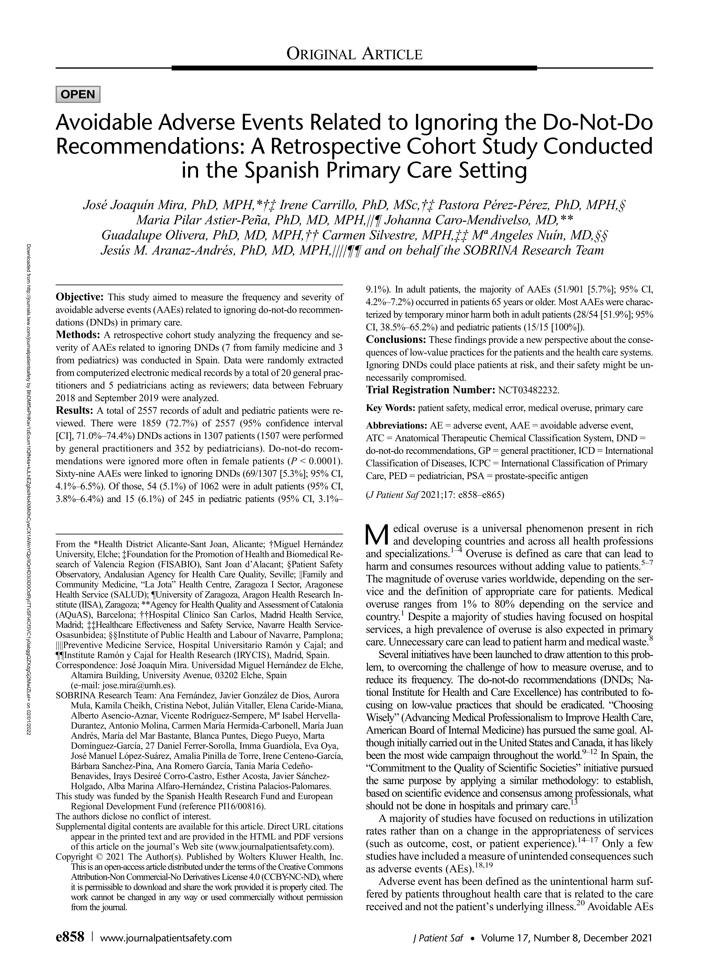 Avoidable Adverse Events Related to Ignoring the Do-Not-Do Recommendations: A Retrospective Cohort Study Conducted in the Spanish Primary Care Setting