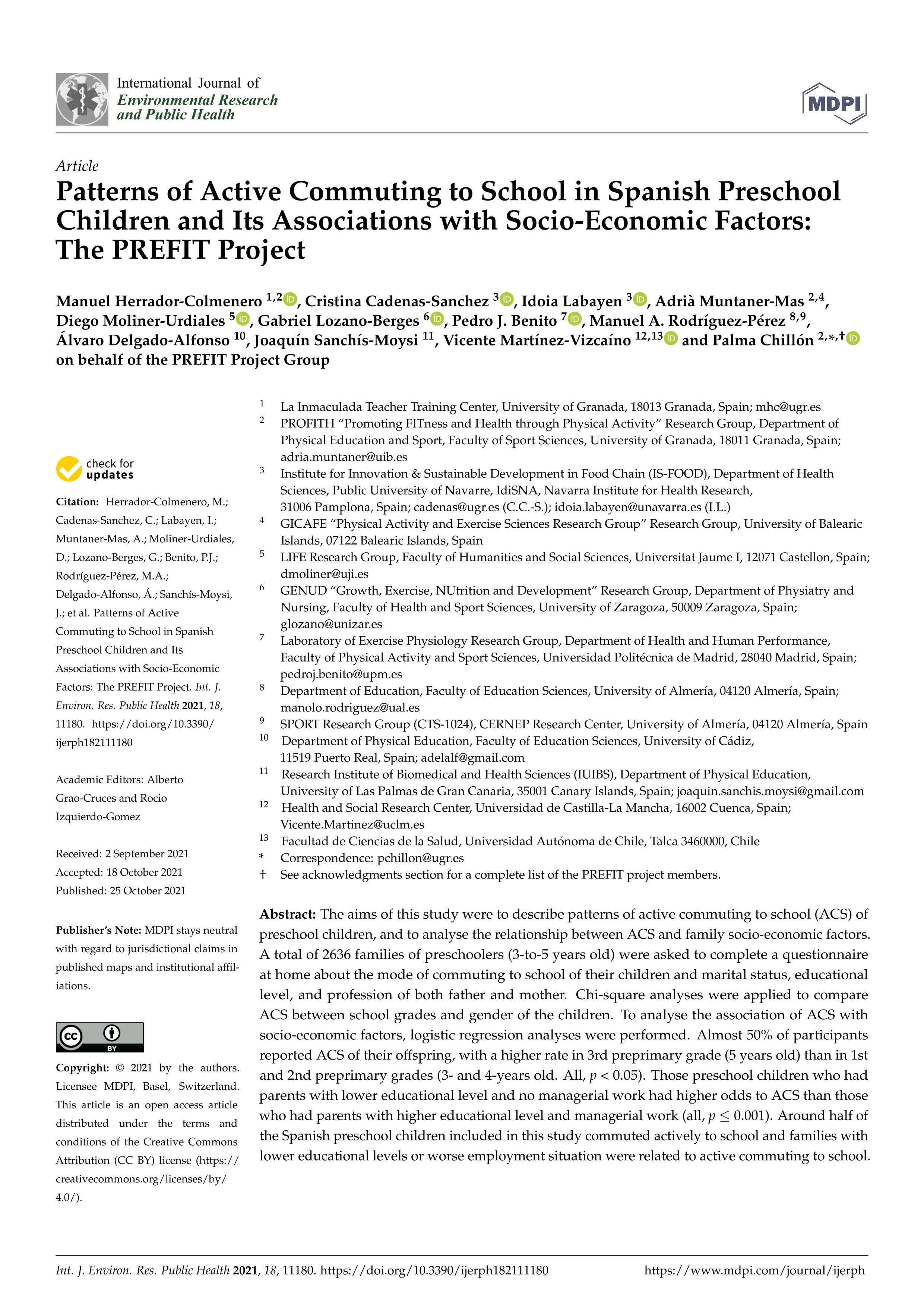 Patterns of Active Commuting to School in Spanish Preschool Children and Its Associations with Socio-Economic Factors: The PREFIT Project