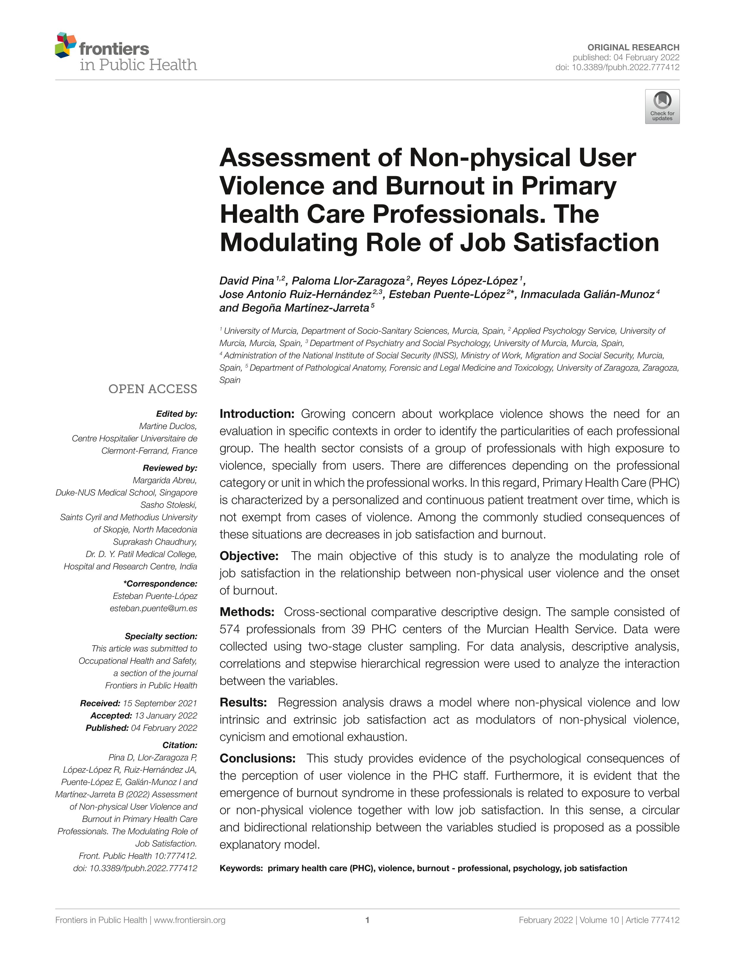 Assessment of non-physical user violence and burnout in primary health Care professionals. The modulating role of job satisfaction