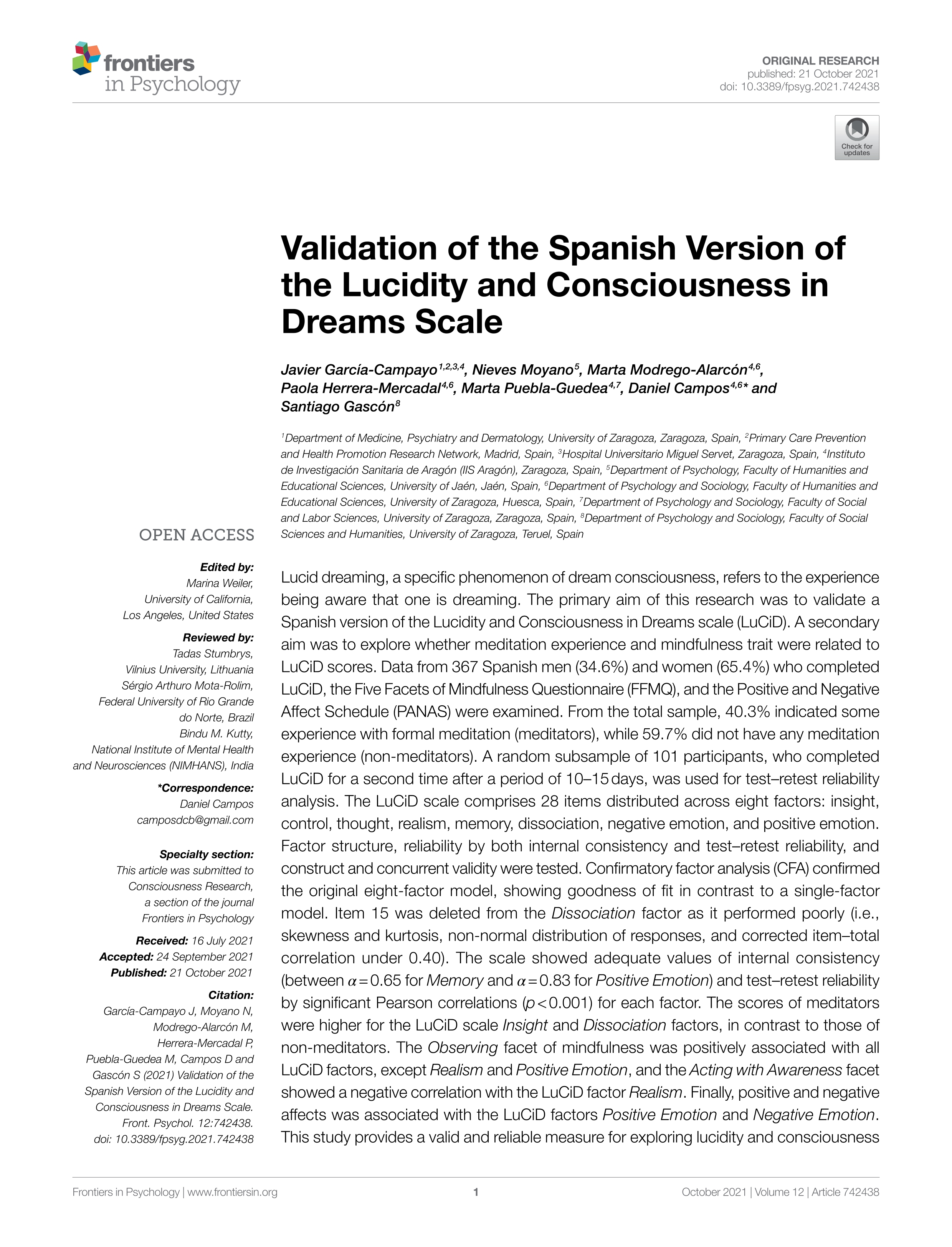 Validation of the Spanish version of the lucidity and consciousness in dreams scale