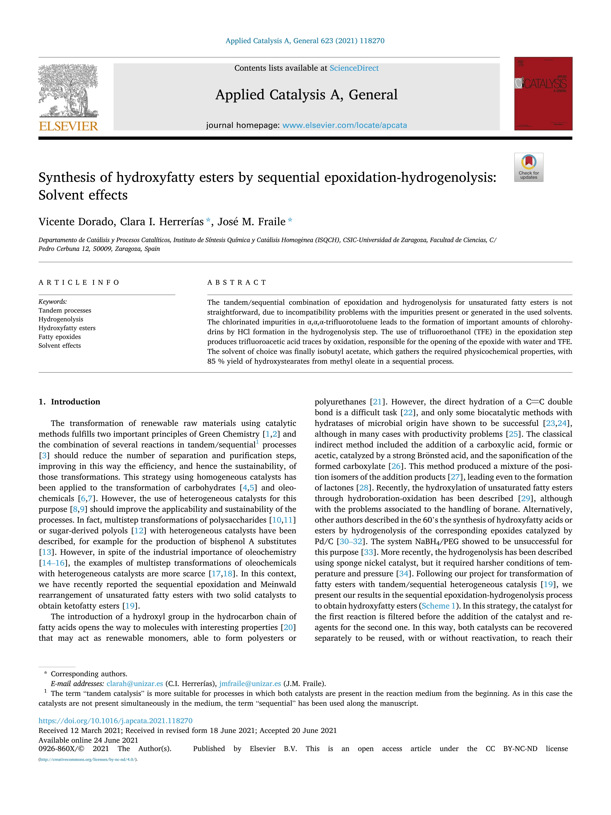 Synthesis of hydroxyfatty esters by sequential epoxidation-hydrogenolysis: Solvent effects