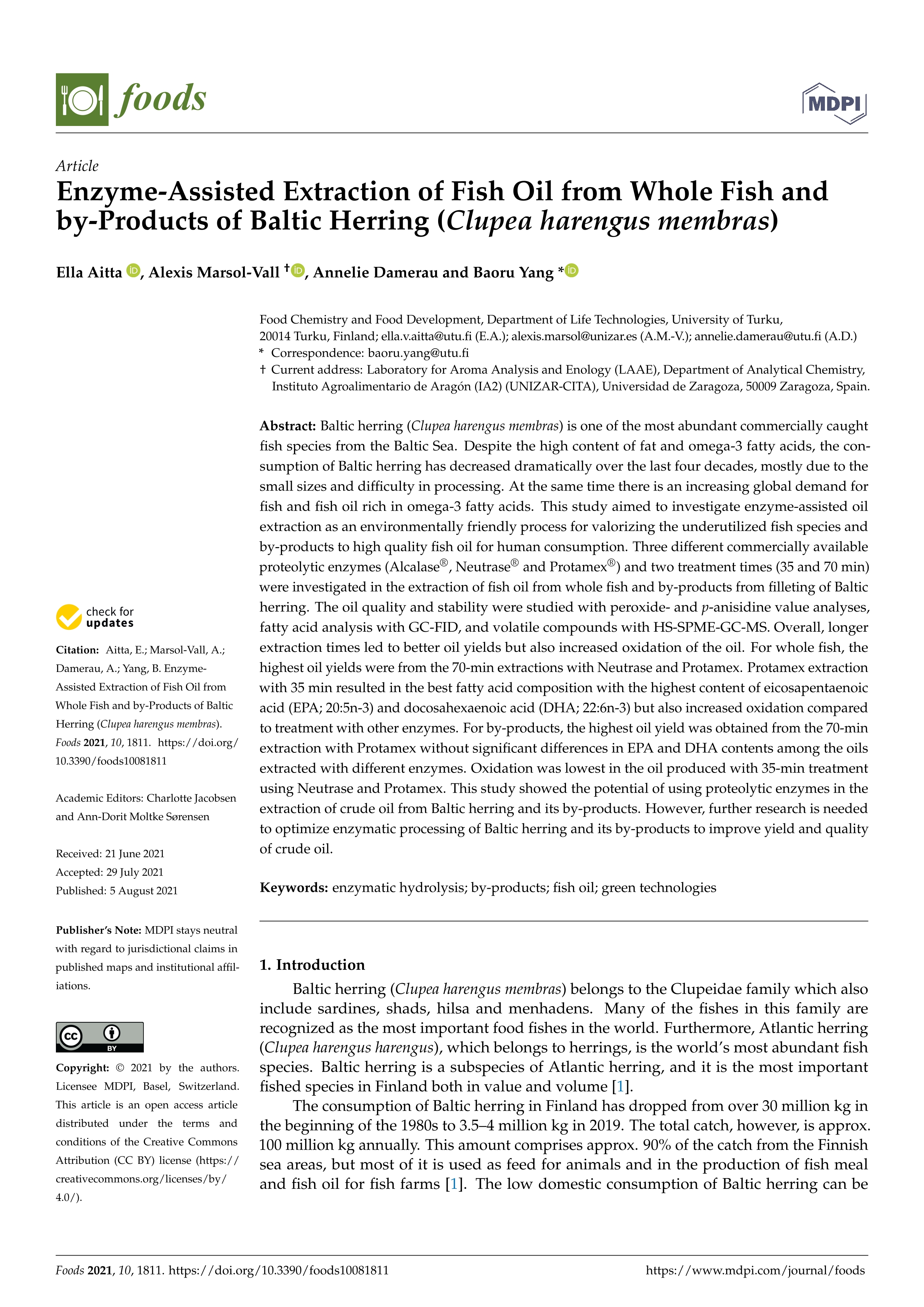 Enzyme-assisted extraction of fish oil from whole fish and by-products of Baltic herring (Clupea harengus membras)