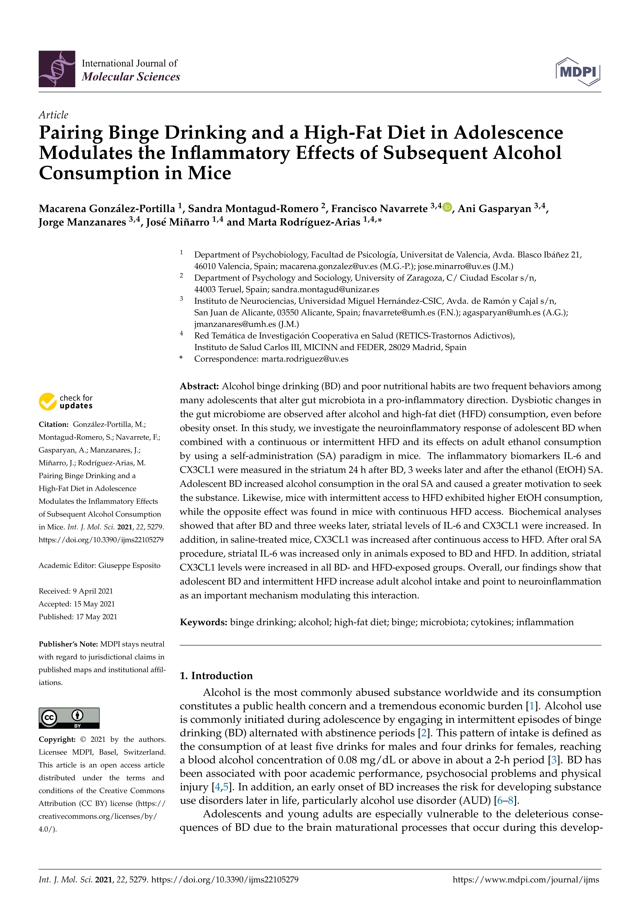 Pairing Binge Drinking and a High-Fat Diet in Adolescence Modulates the Inflammatory Effects of Subsequent Alcohol Consumption in Mice