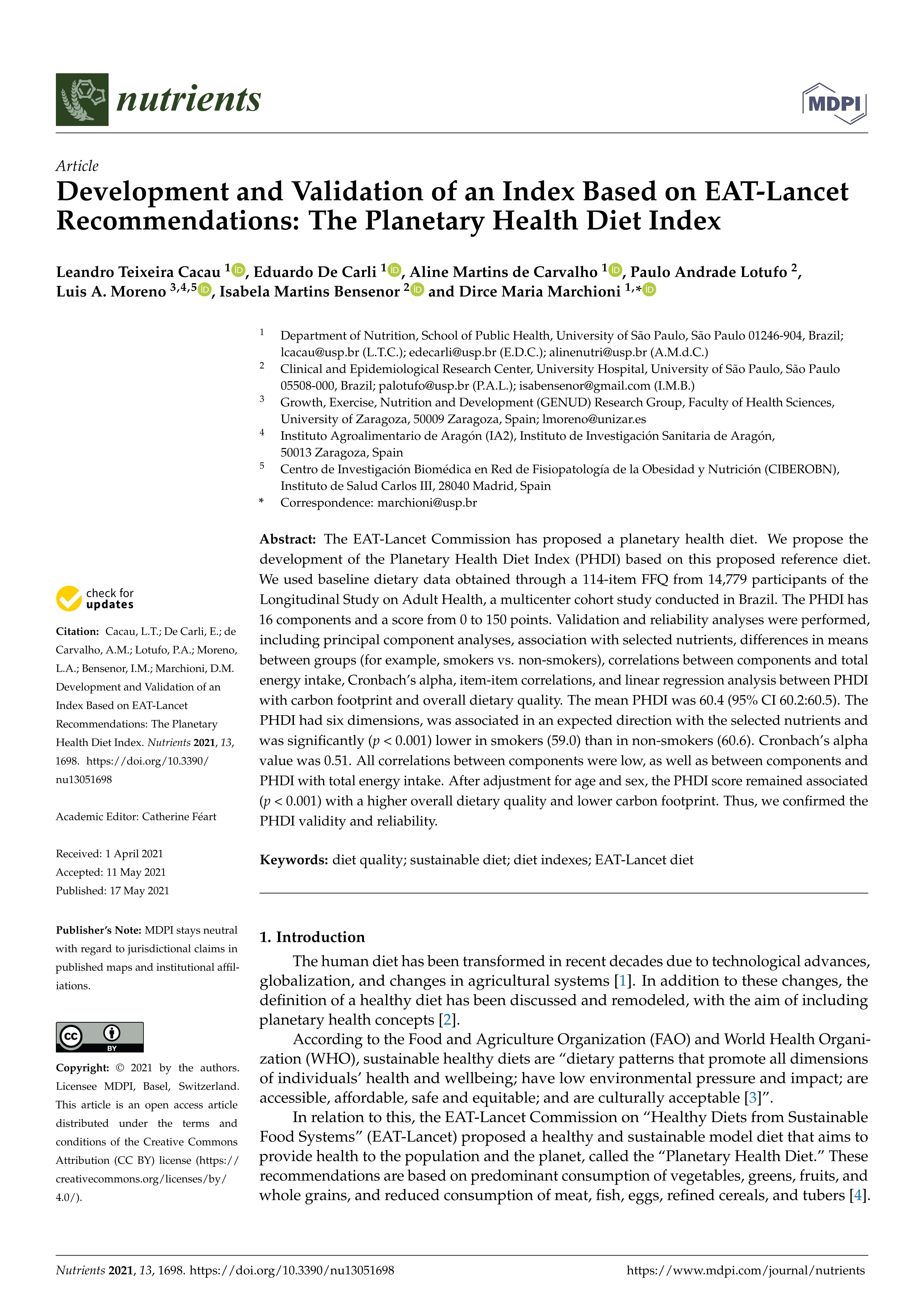Development and Validation of an Index Based on EAT-Lancet Recommendations: The Planetary Health Diet Index