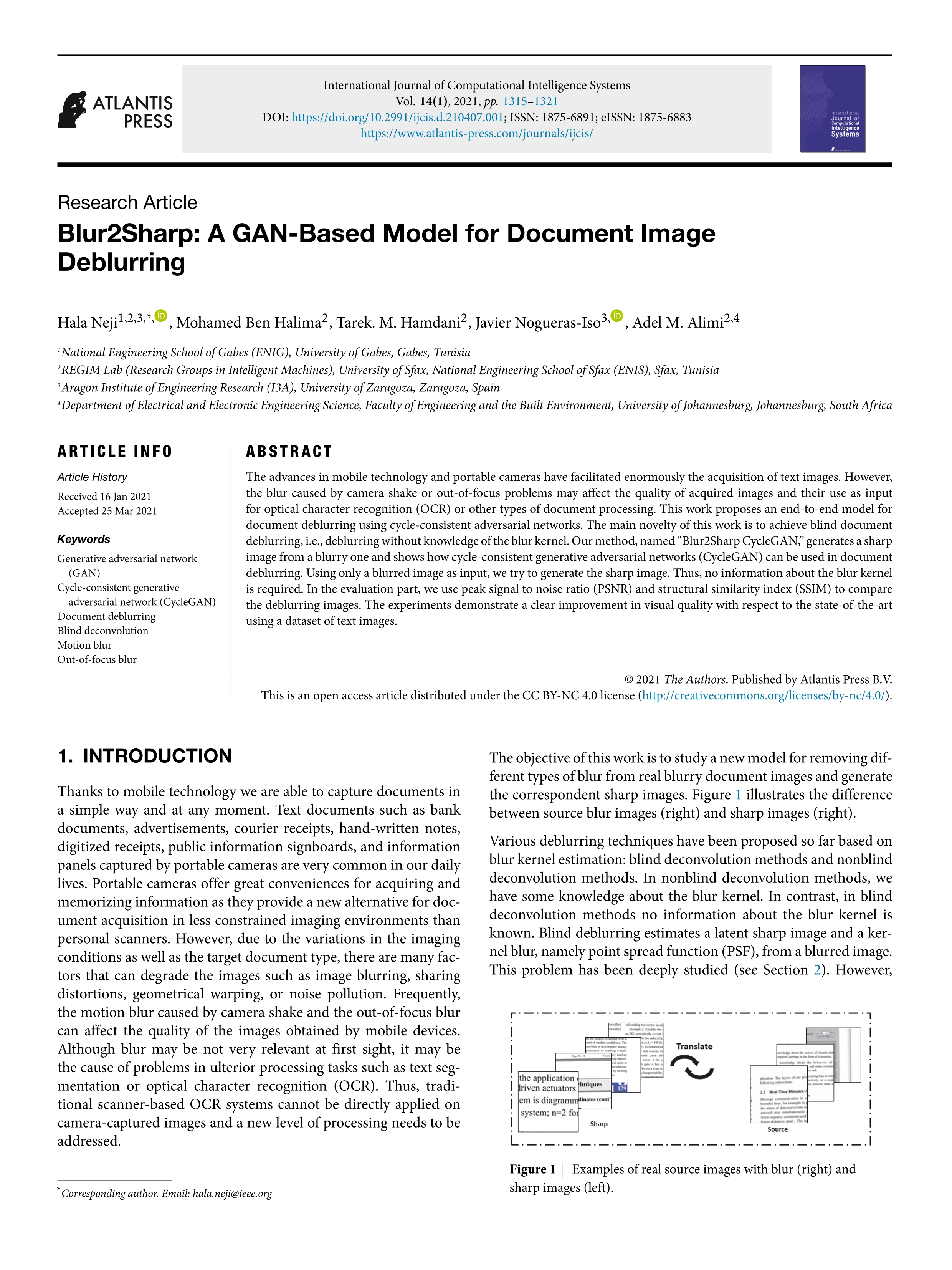 Blur2sharp: A gan-based model for document image deblurring