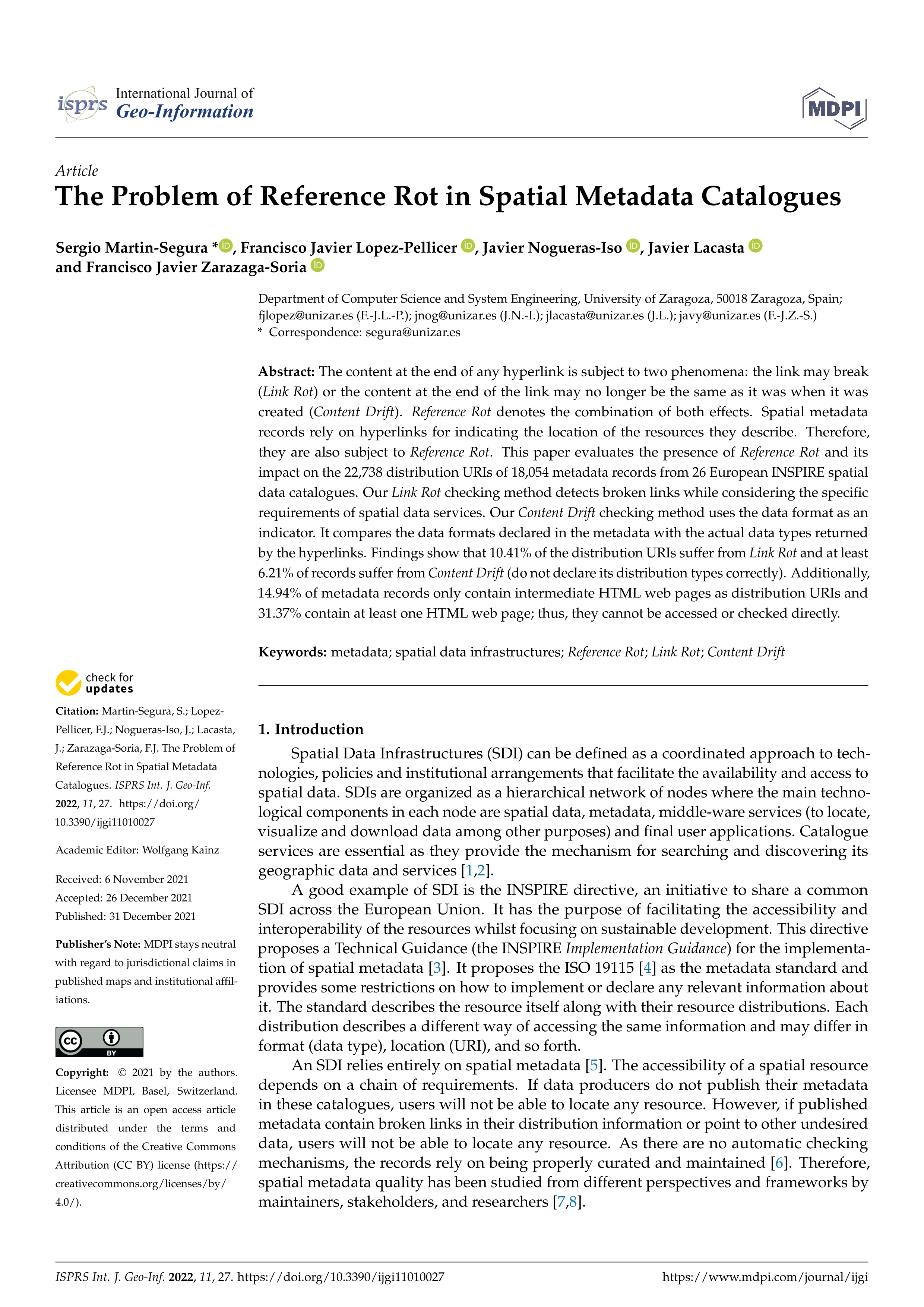 The problem of reference rot in spatial metadata catalogues