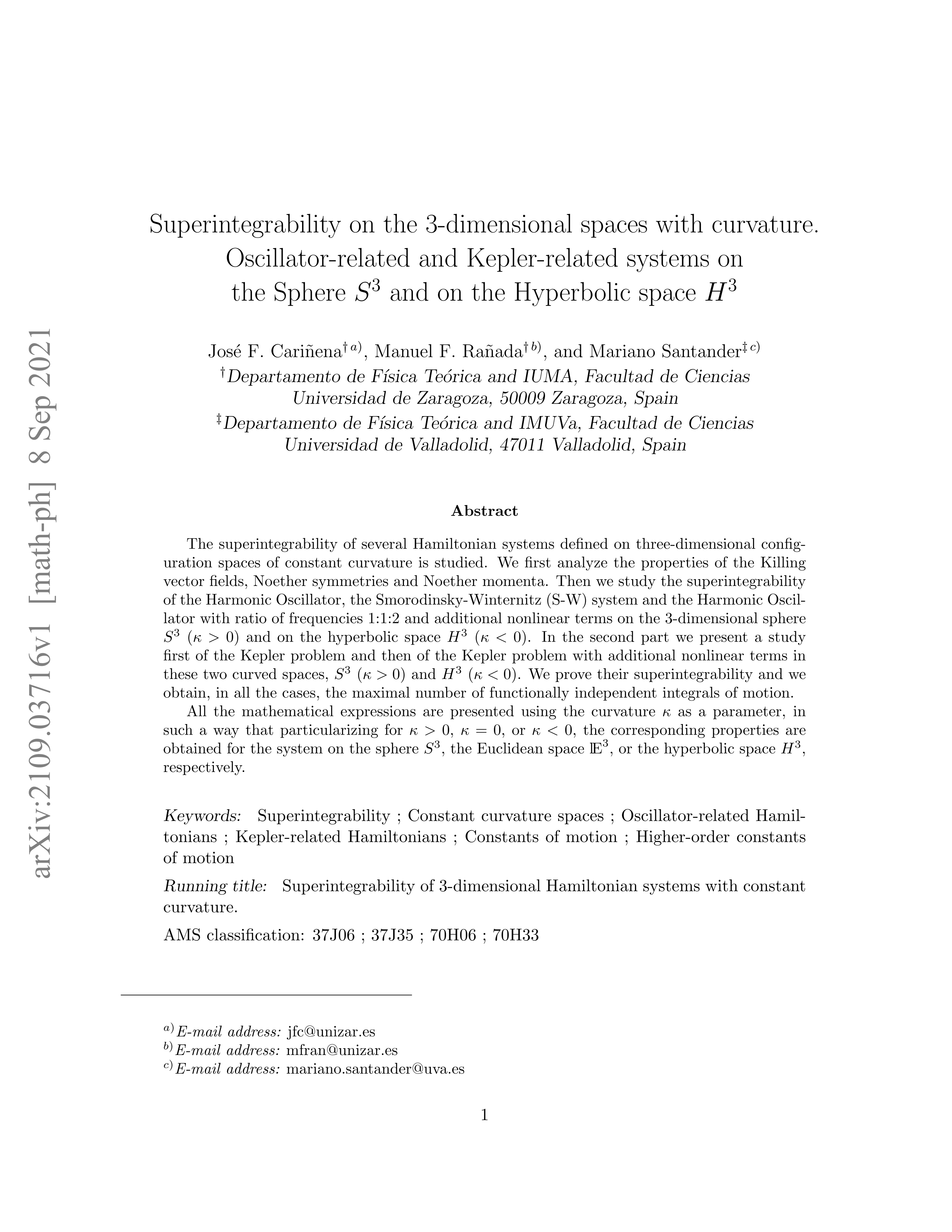 Superintegrability on the 3-dimensional  spaces with curvature. Oscillator-related and Kepler-related systems  on  the Sphere $S^3$ and on the Hyperbolic space $H^3$