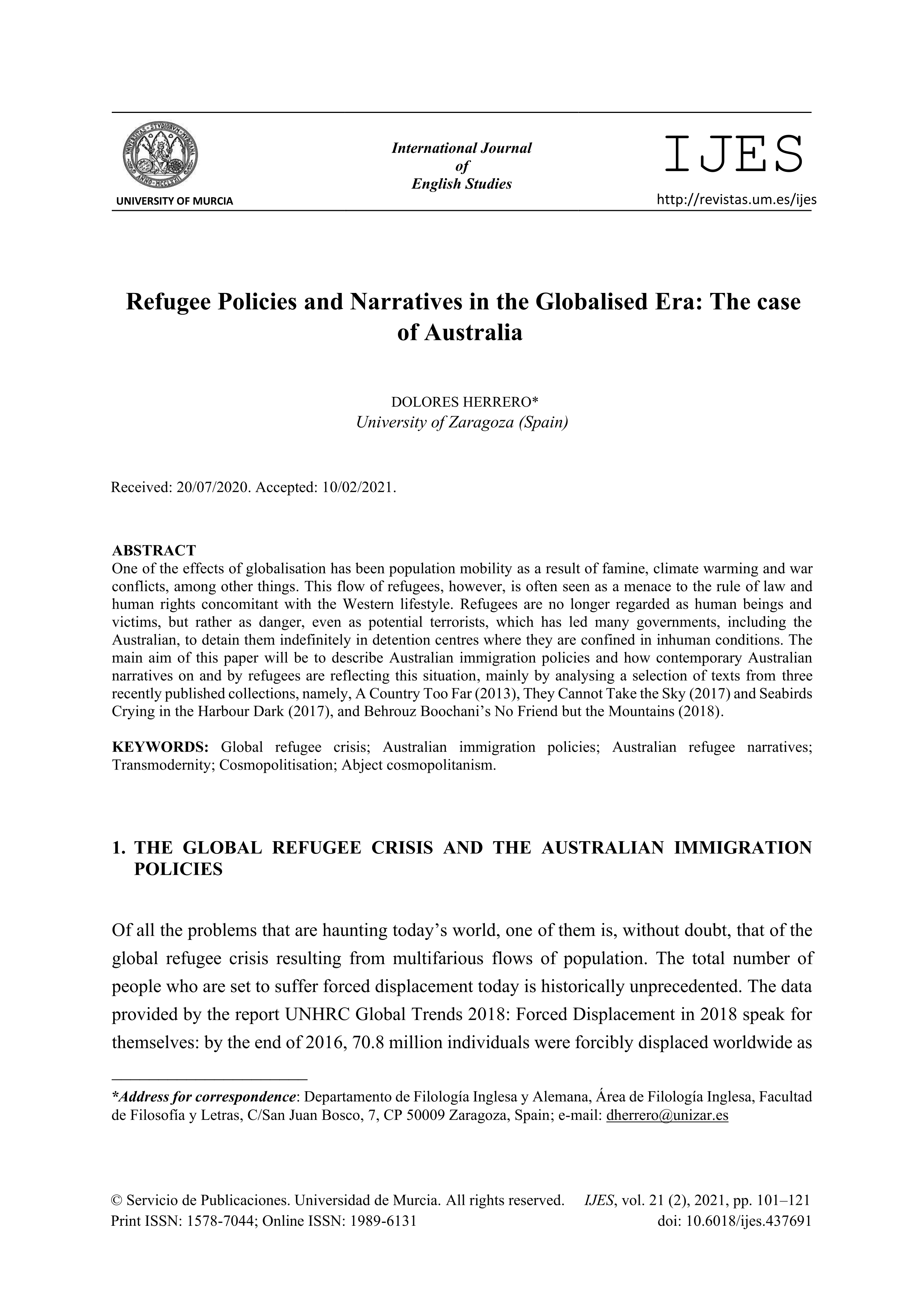 Refugee Policies and Narratives in the Globalised Era: The case of Australia