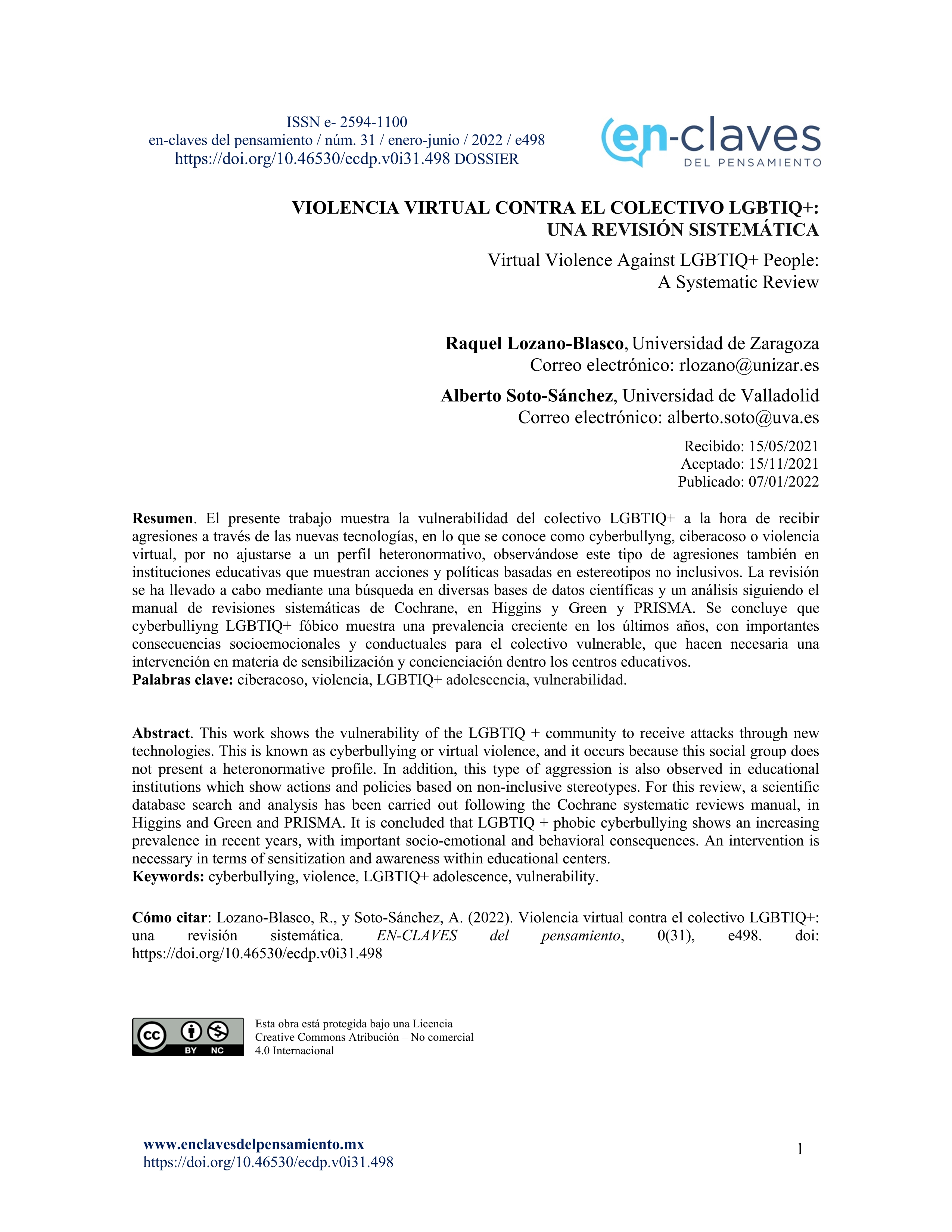 Violencia virtual contra el colectivo LGBTIQ+: una revisión sistemática