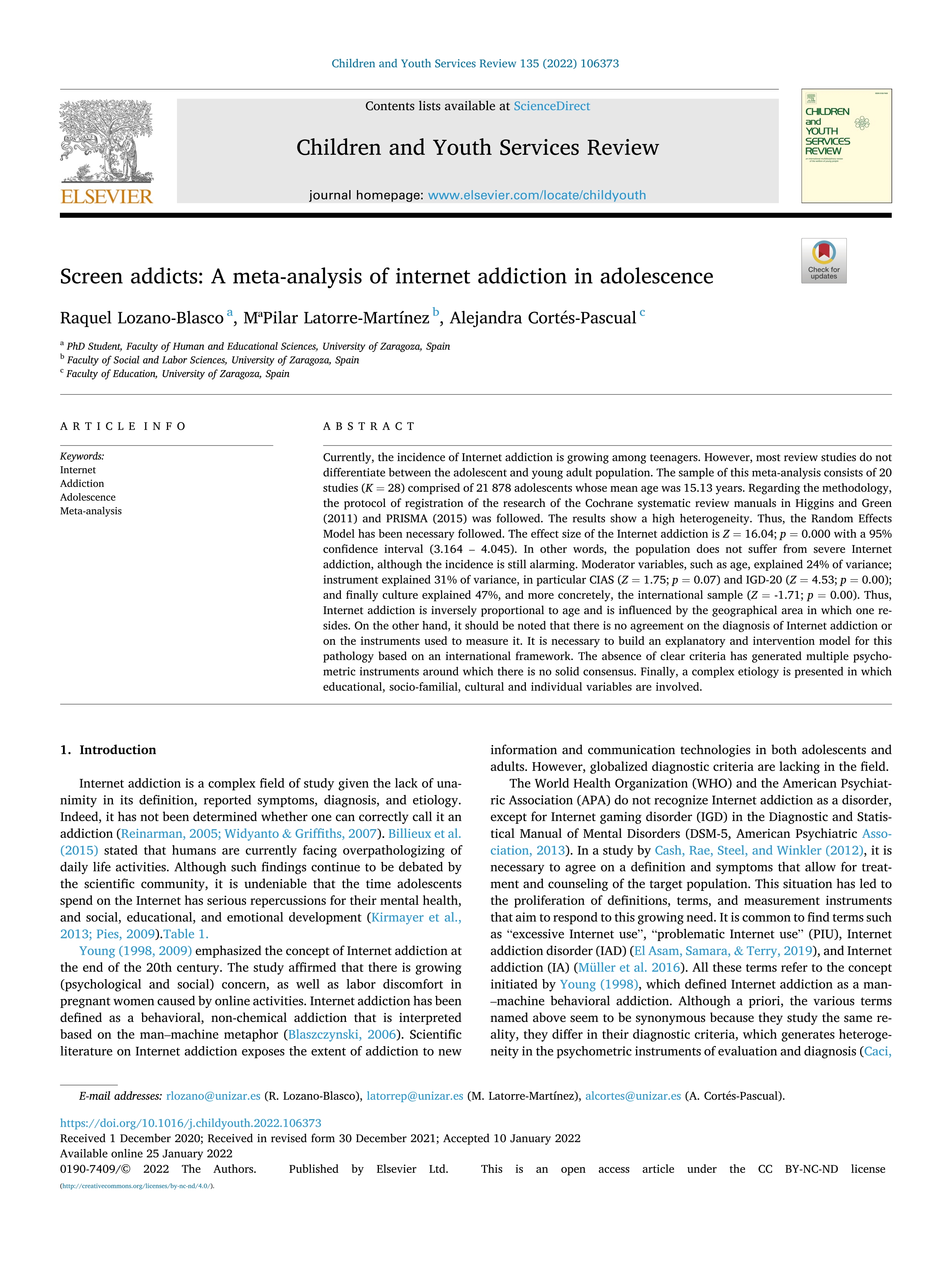 Screen addicts: A meta-analysis of internet addiction in adolescence