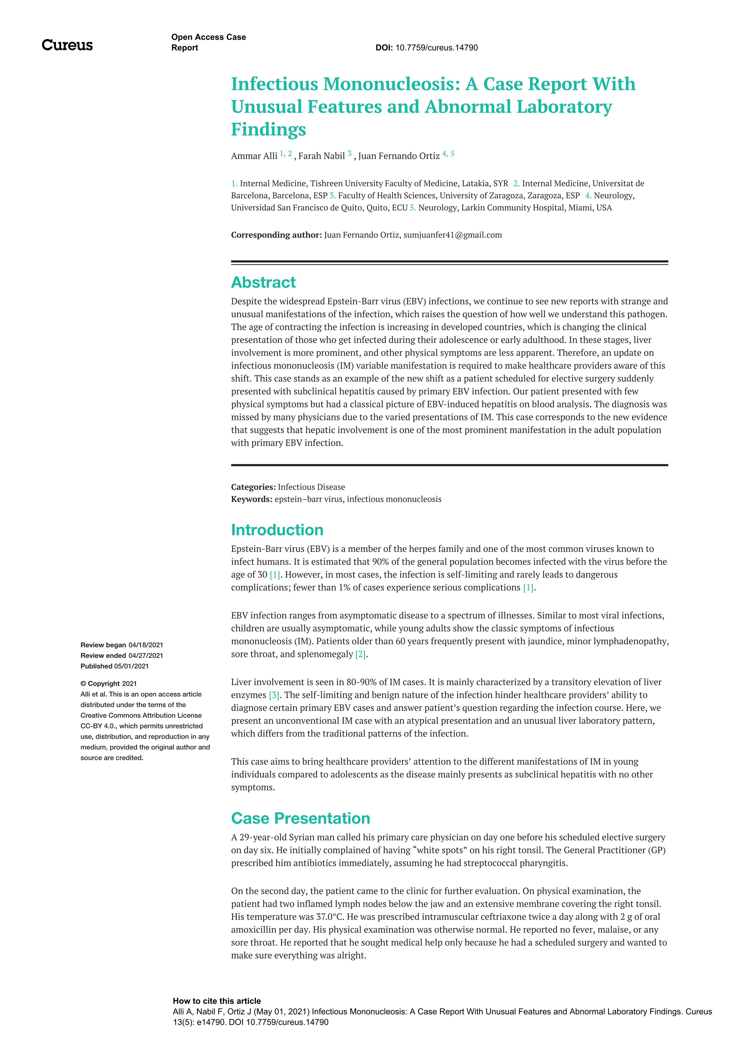 Infectious Mononucleosis: A Case Report With Unusual Features and Abnormal Laboratory Findings