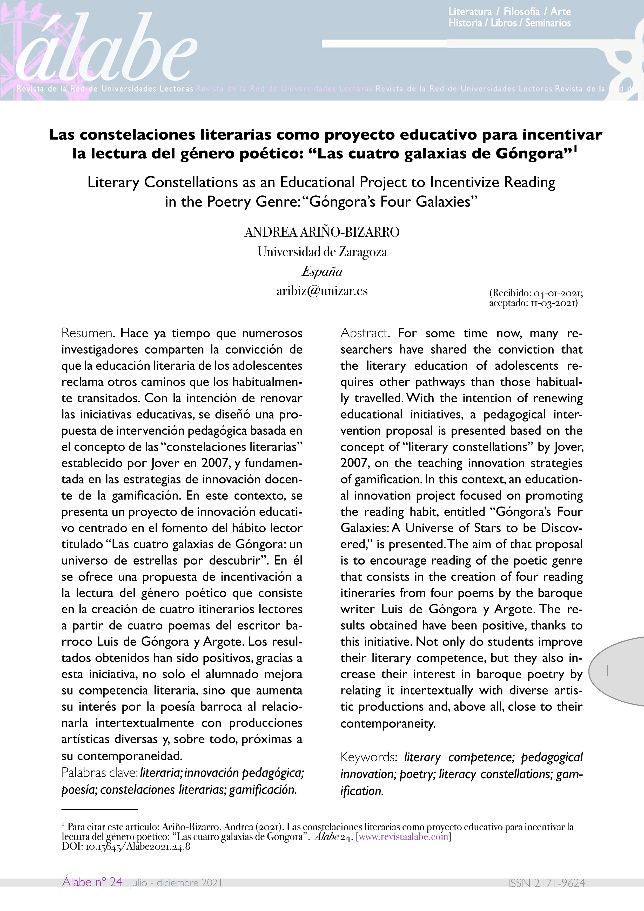 Las constelaciones literarias como proyecto educativo para incentivar la lectura del género poético: “Las cuatro galaxias de Góngora”