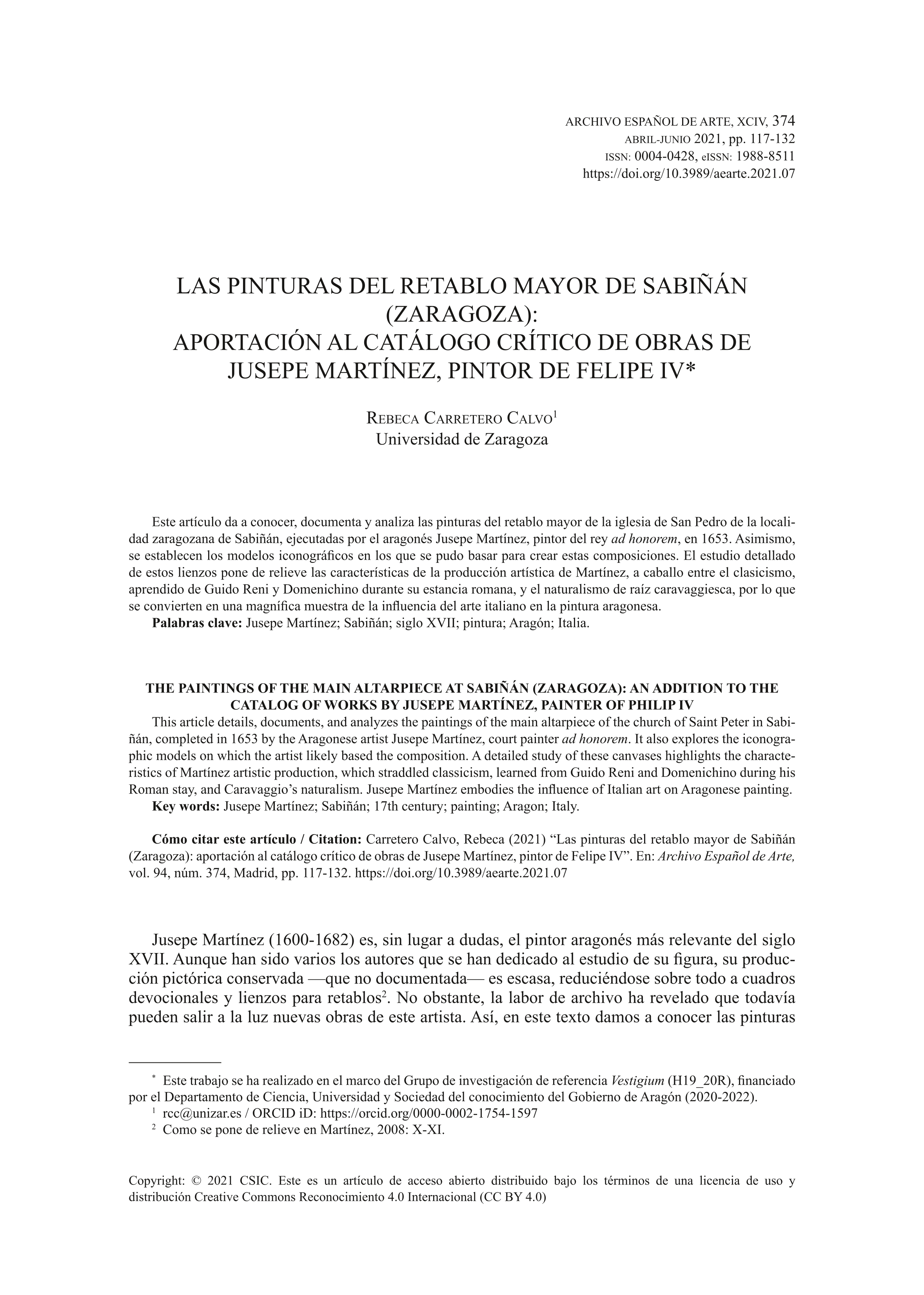 Las pinturas del retablo mayor de Sabiñán (Zaragoza): aportación al catálogo crítico de obras de Jusepe Martínez, pintor de Felipe IV