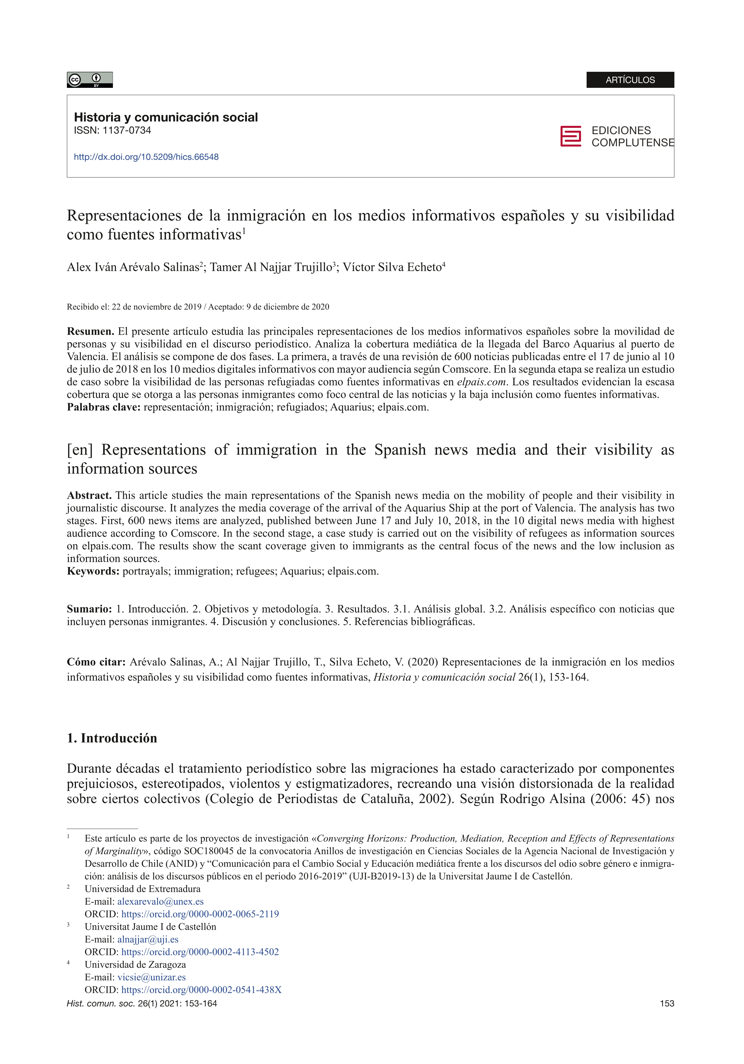 Representaciones de la inmigración en los medios informativos españoles y su visibilidad como fuentes informativas