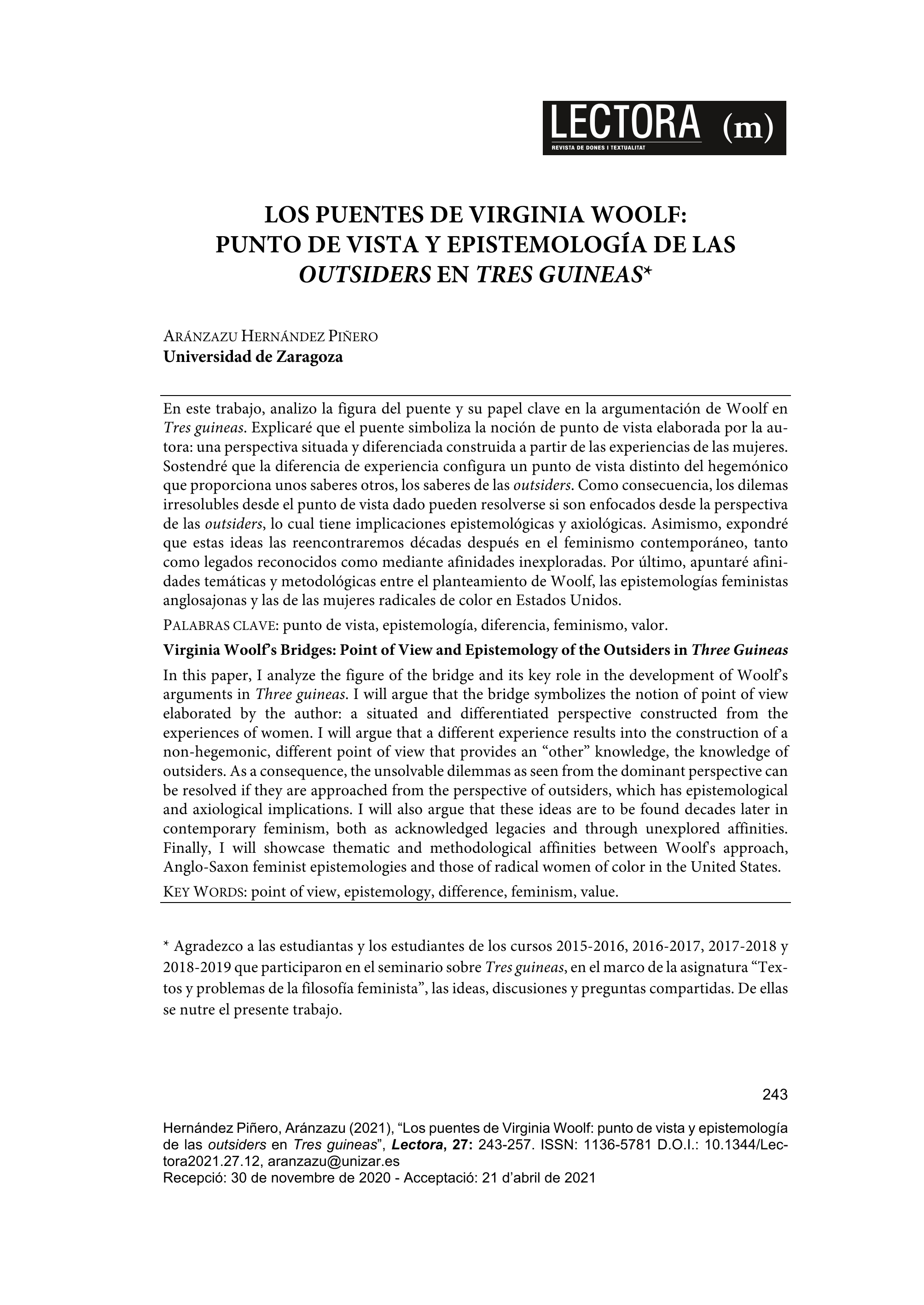 Los puentes de Virginia Woolf: punto de vista y epistemología de las outsiders en Tres guineas
