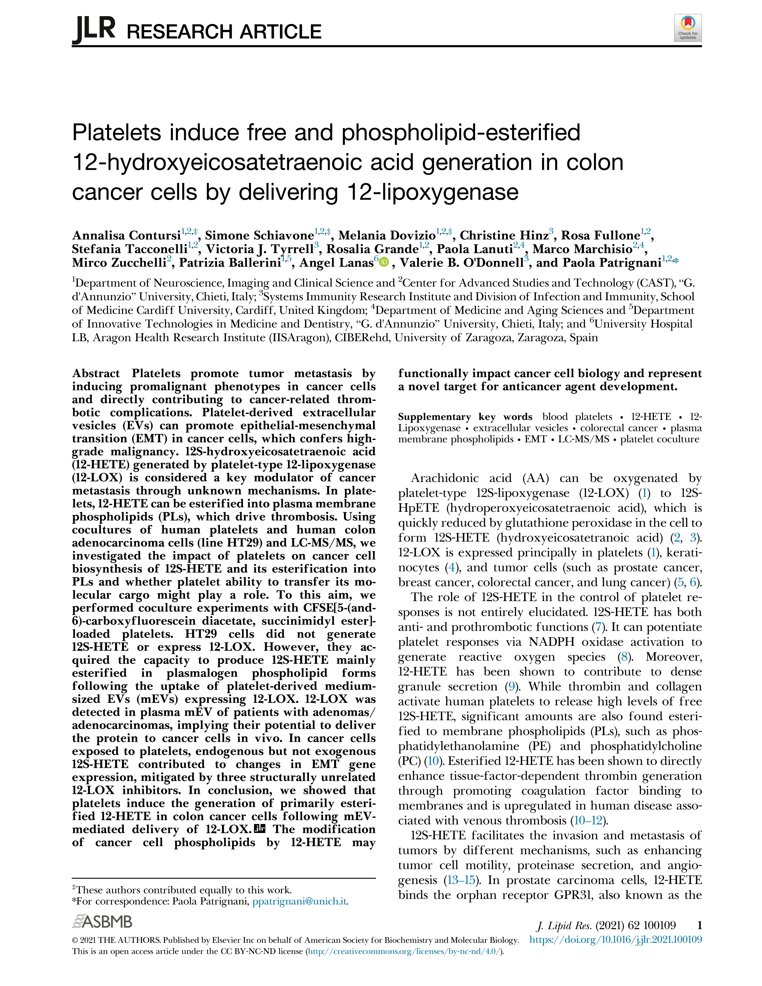 Platelets induce free and phospholipid-esterified 12-hydroxyeicosatetraenoic acid generation in colon cancer cells by delivering 12-lipoxygenase