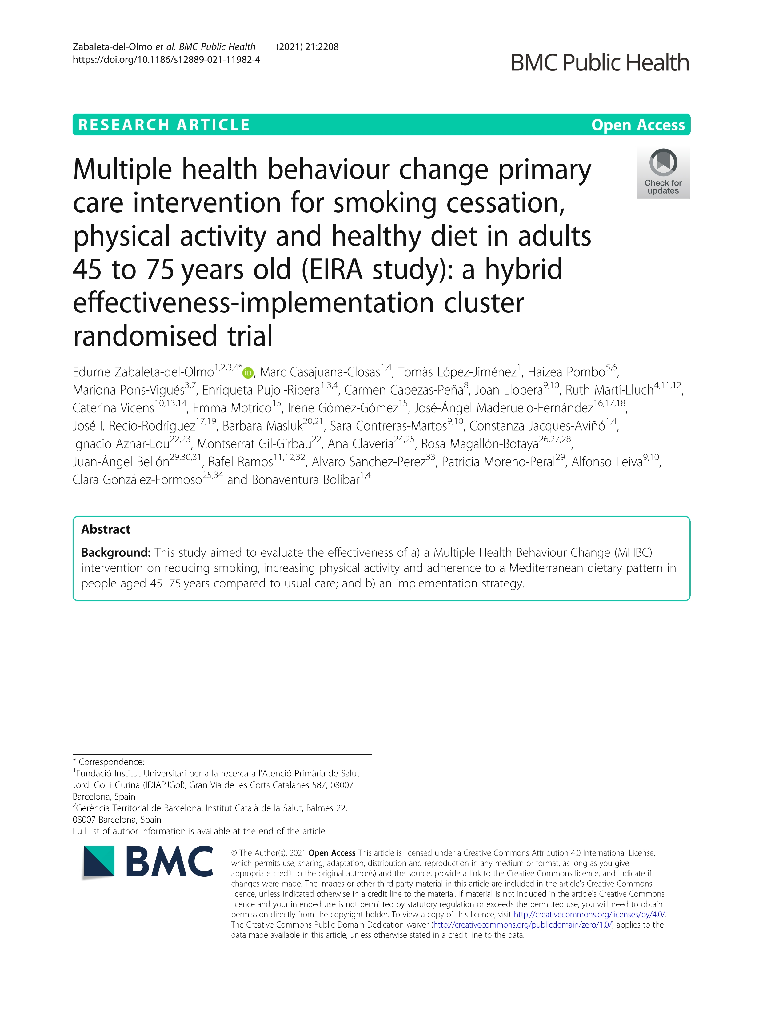 Multiple health behaviour change primary care intervention for smoking cessation, physical activity and healthy diet in adults 45 to 75 years old (EIRA study): a hybrid effectiveness-implementation cluster randomised trial