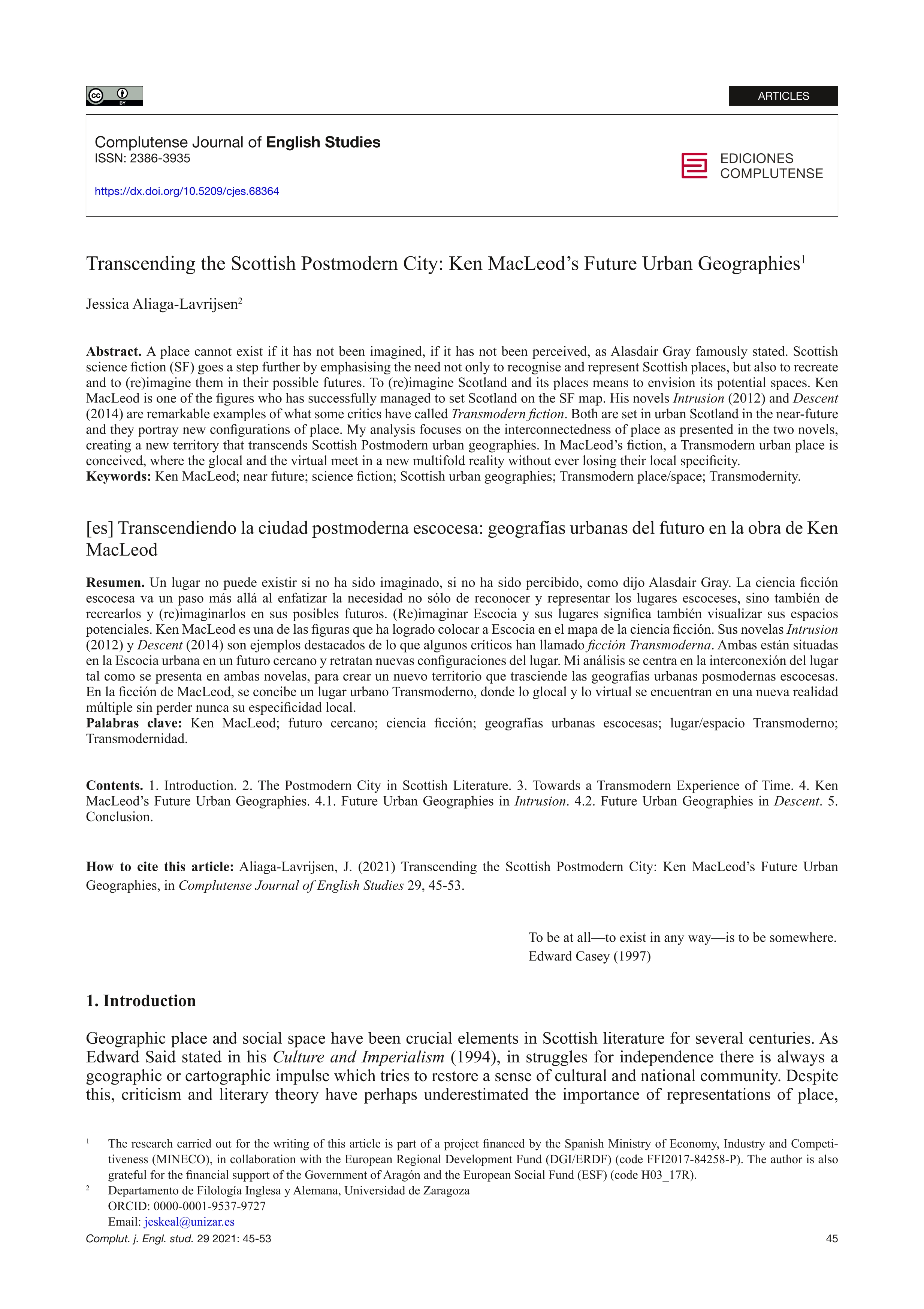 Transcending the Scottish Postmodern City: Ken MacLeod''s Future Urban Geographies