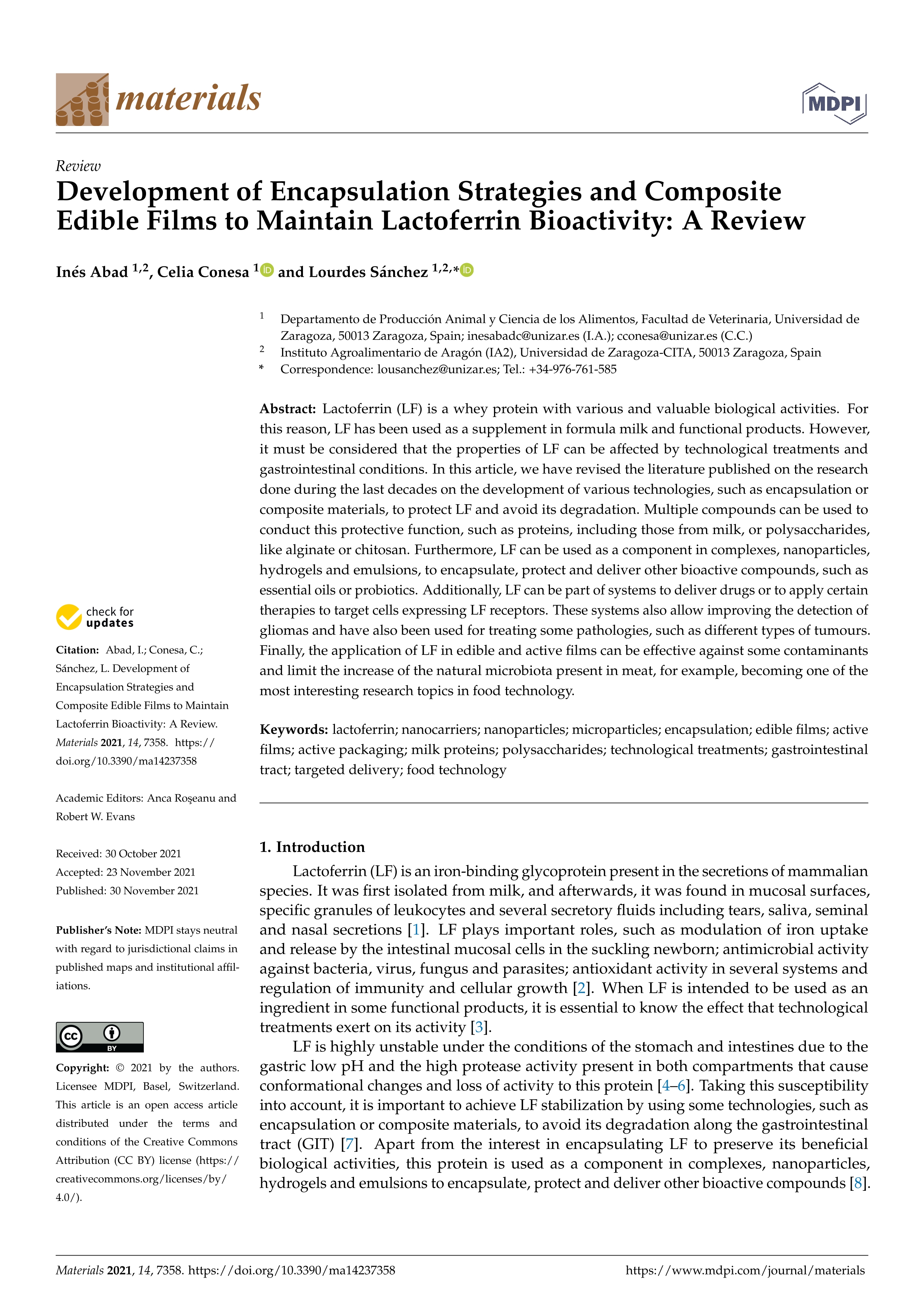 Development of encapsulation strategies and composite edible films to maintain lactoferrin bioactivity: A review