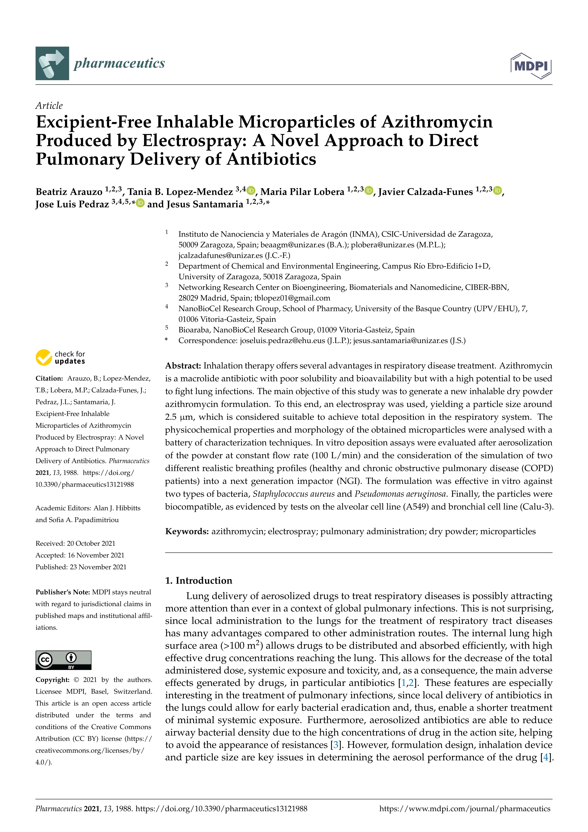 Excipient-free inhalable microparticles of Azithromycin produced by electrospray: A novel approach to direct pulmonary delivery of antibiotics