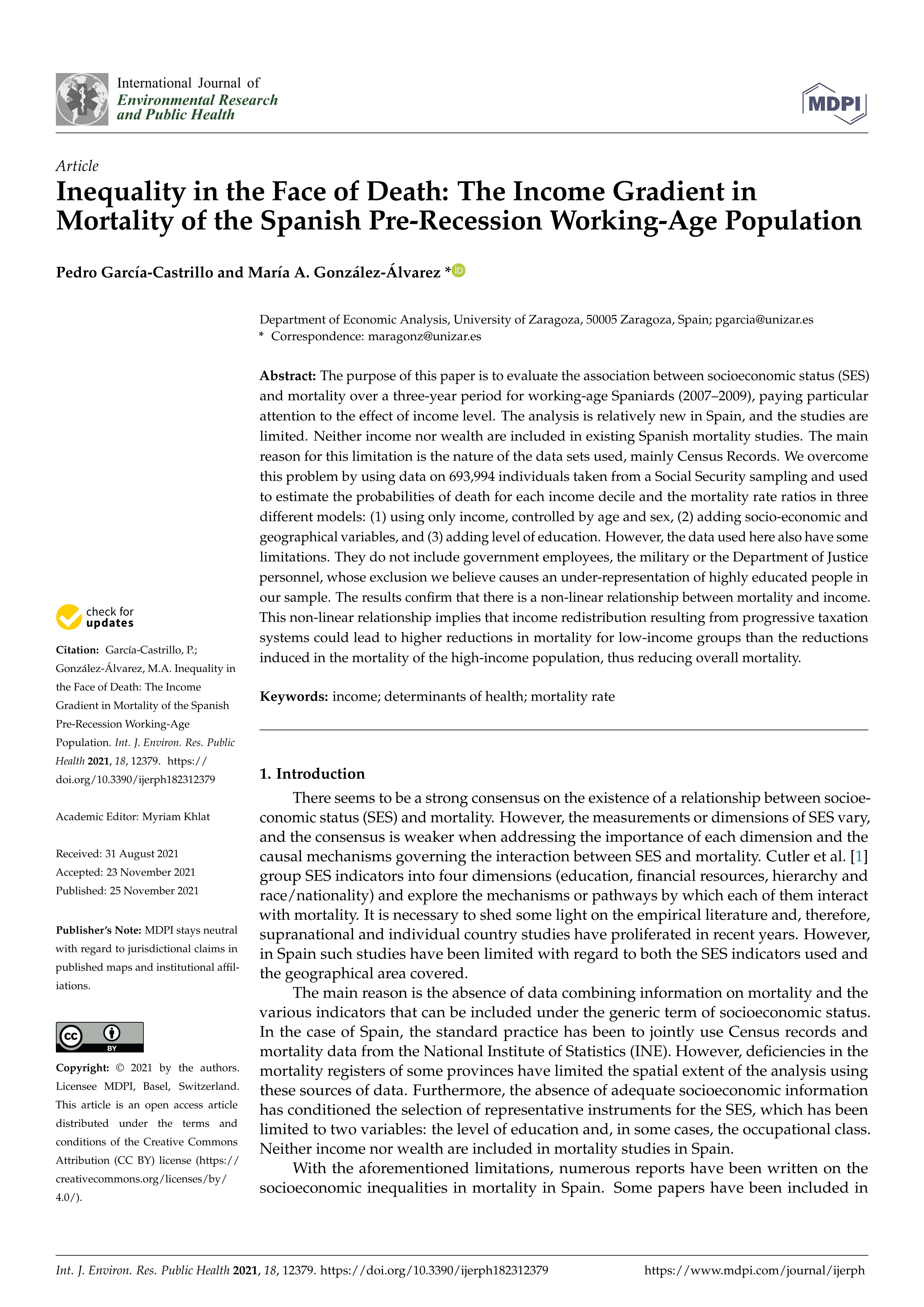 Inequality in the face of death: The income gradient in mortality of the spanish pre-recession working-age population