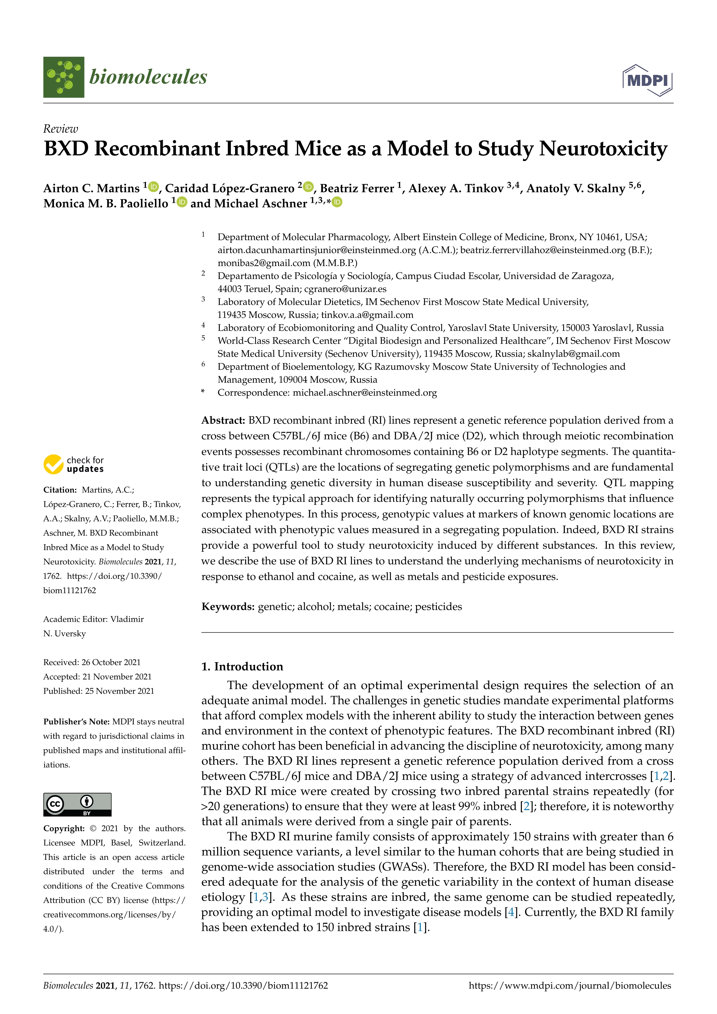 BXD recombinant inbred mice as a model to study neurotoxicity